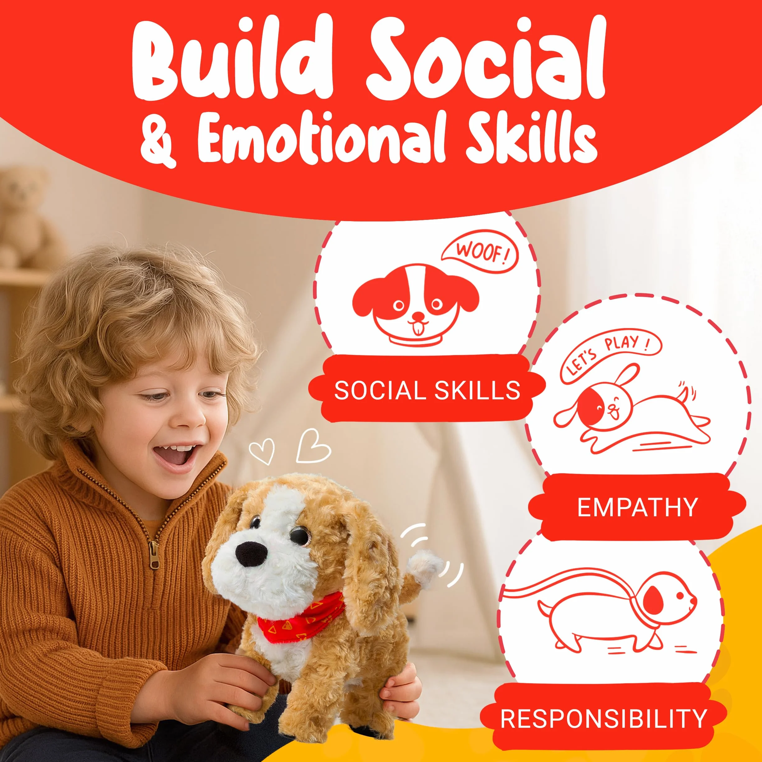 JoyCat Chien Jouet Interactif qui Marche et Aboie, Peluche Éducative pour Enfants 3-6 Ans