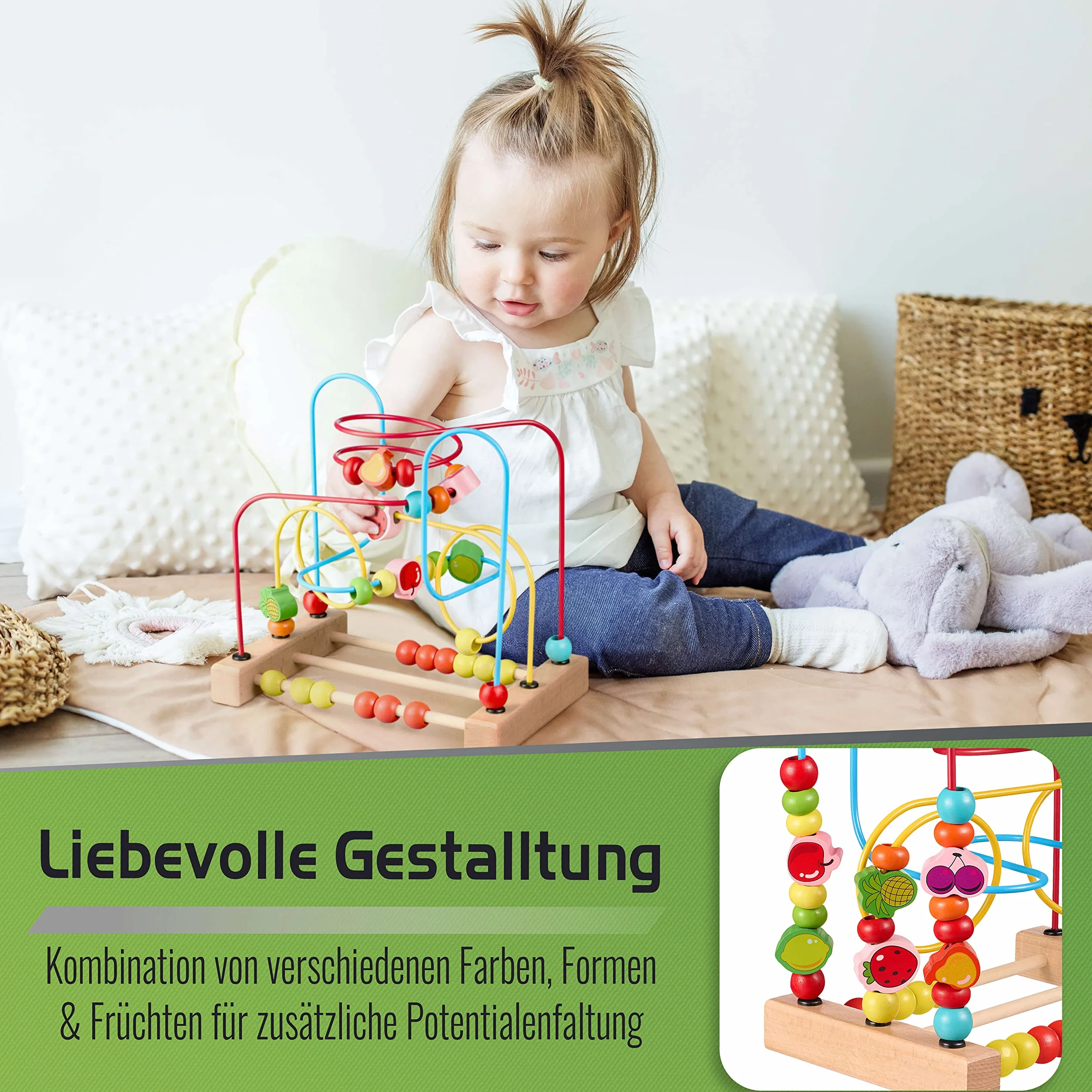 Balinco Cube de Motricité Montessori Bébés dès 6 Mois Jouet en Bois avec Fruits Perles à Faire Glisser Développement Sensoriel