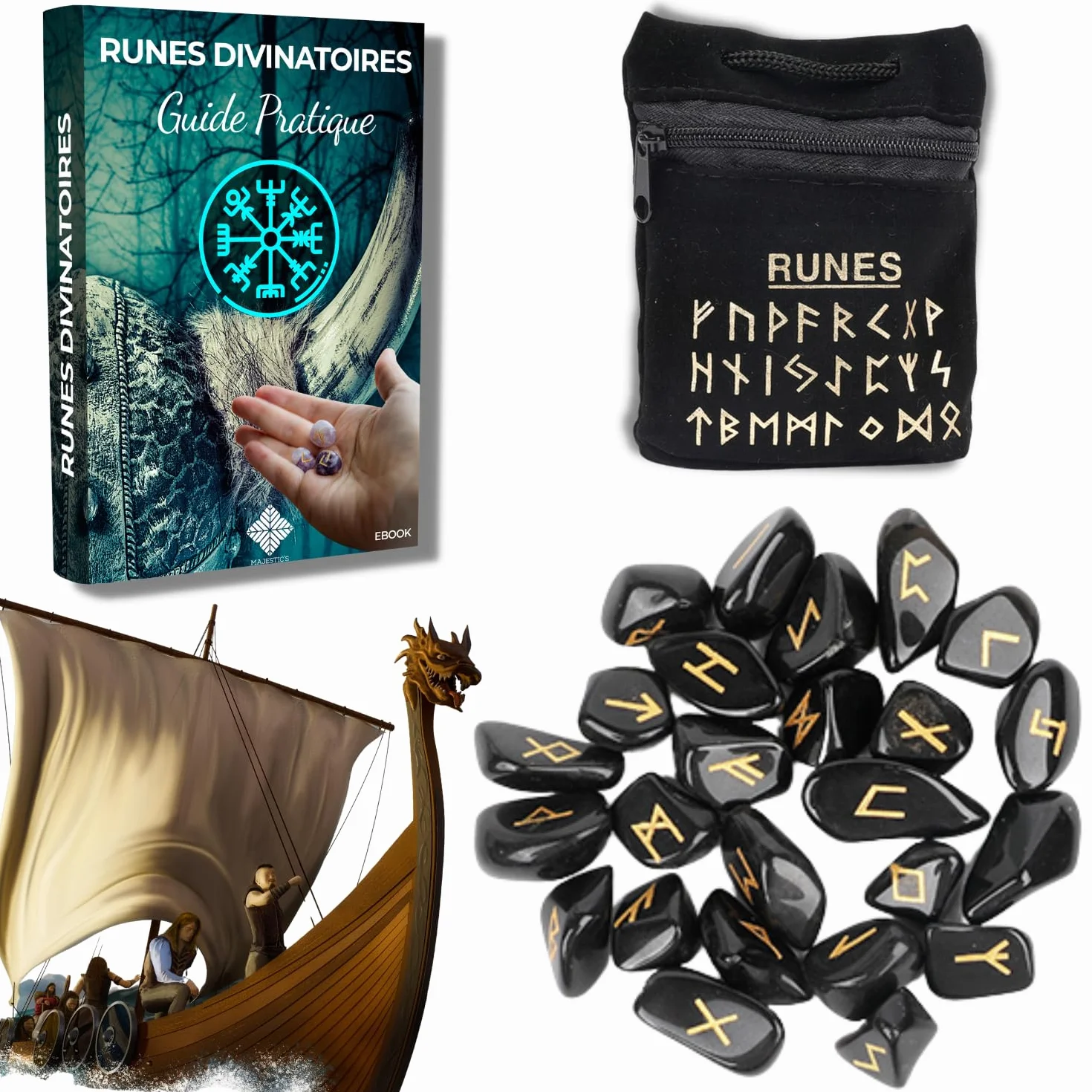 Runes Divinatoires VIKINGS - Pack de 25 Pierres Naturelles d’OBSIDIENNE NOIRE Gravées (2cm x 1cm) + Sac Noir - Alphabet Runique Futhark pour Divination