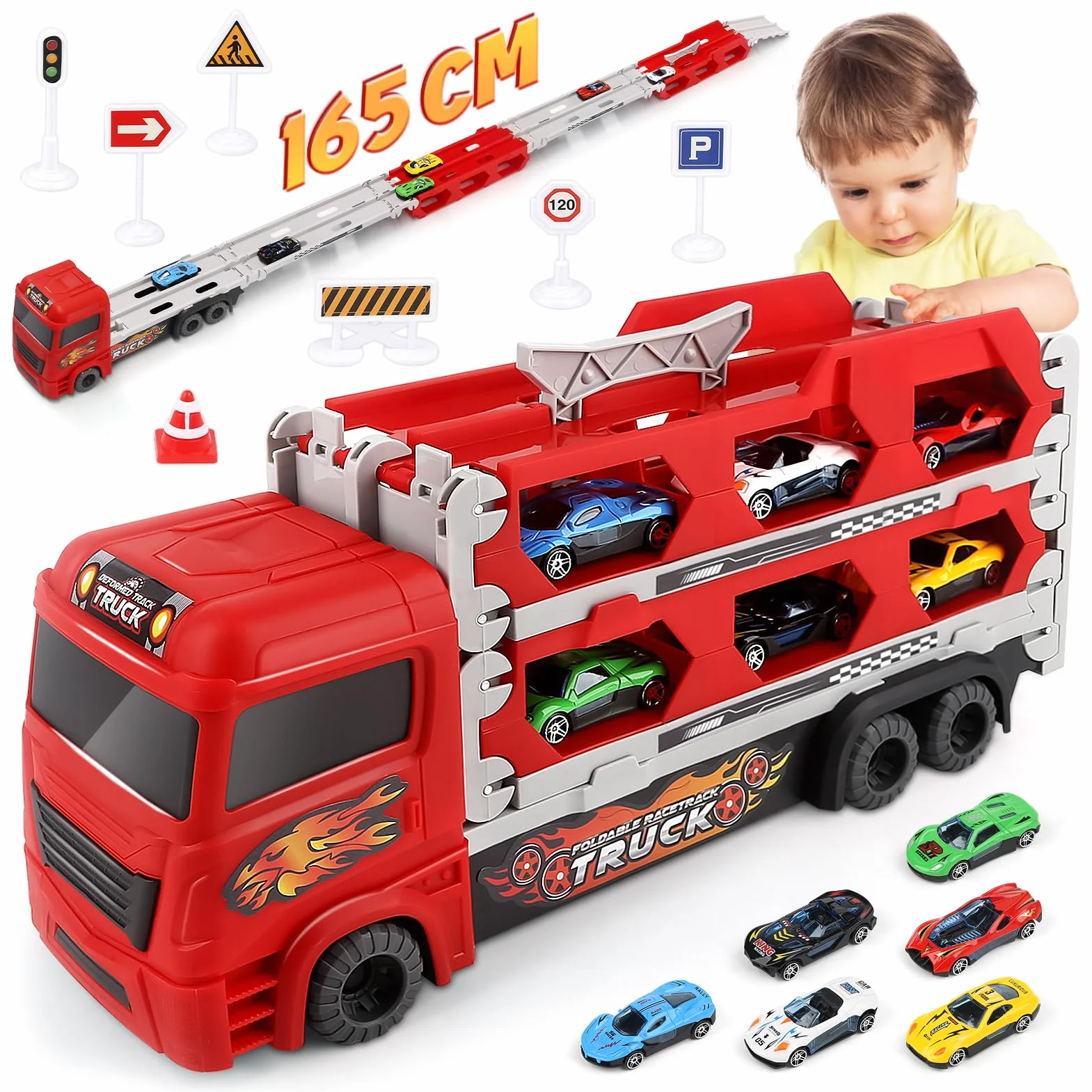 Aoskie Camion de Course Pliable Double Couche avec 6 Voitures à Tirer en Alliage pour Enfants