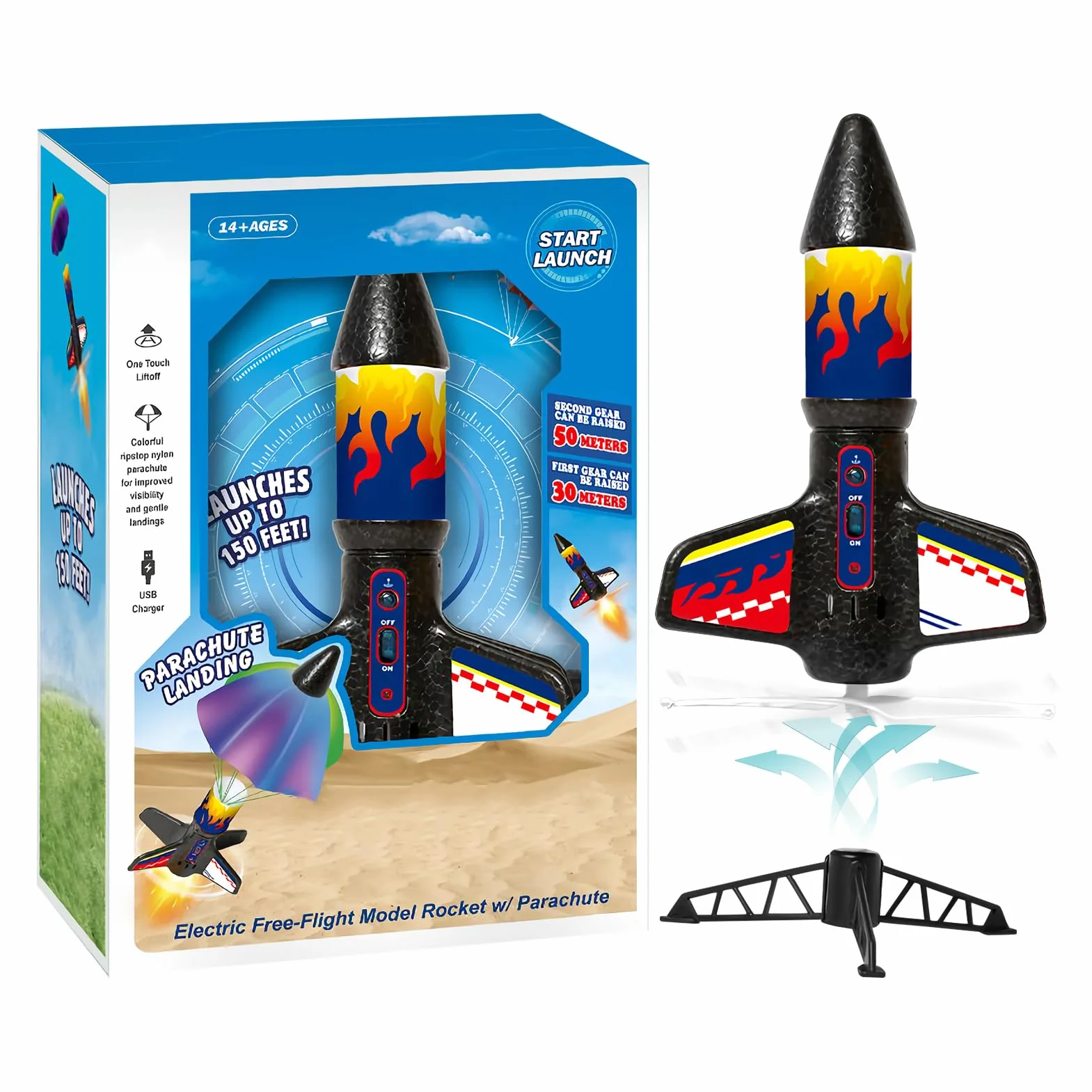 Kids Rocket Toy Launching Rocket with Parachute ABS Material LED Light Educational Science Outdoor Fun 18.3x9x24cm