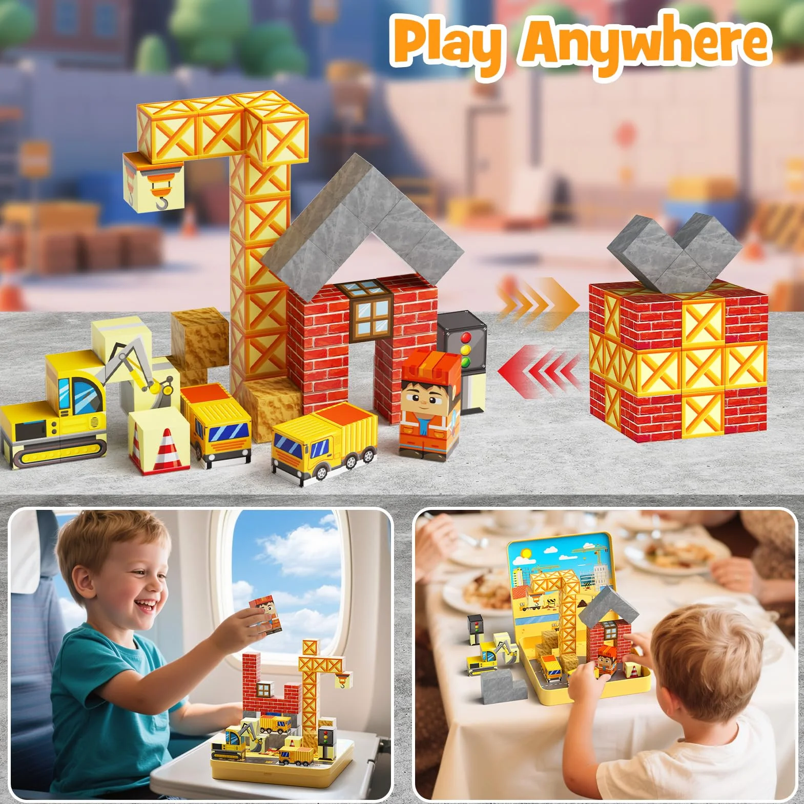 Jeu de Construction Magnétique Enfant 49 Blocs Empilables avec Boîte de Rangement Cadeau Garçons Filles 3+ Ans