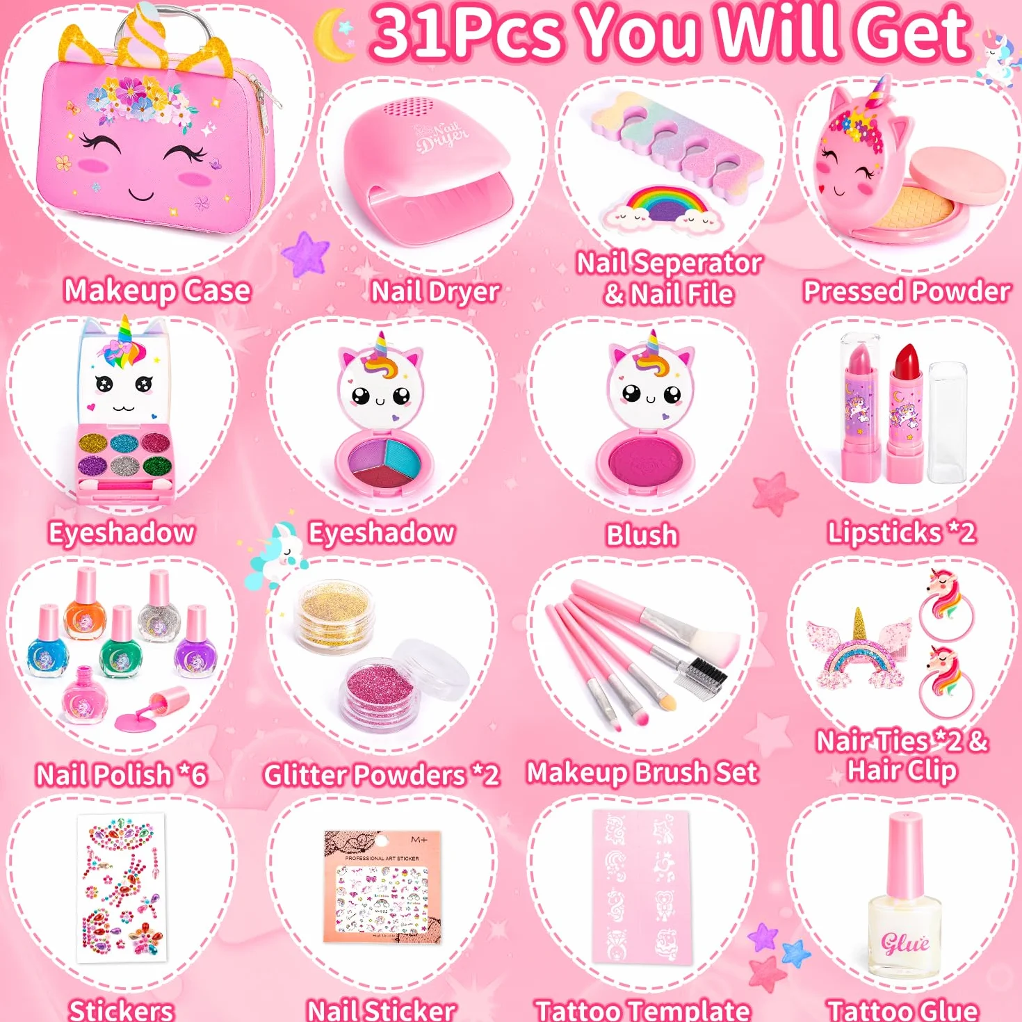 Malette Maquillage Enfant Fille Lavable avec Vernis à Ongles Rouge à Lèvres Jouet Cadeau 3-10 ans