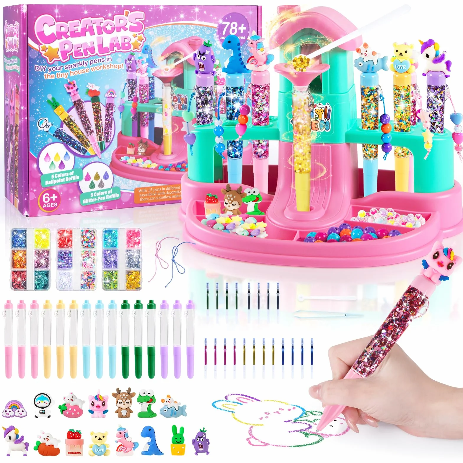 Kazzley Fabrique a Stylo avec 78+ PCS, Atelier des Stylos en Forme de Maison, Kit Loisir Creatif Enfant, ide Cadeau Fille 6-12 Ans