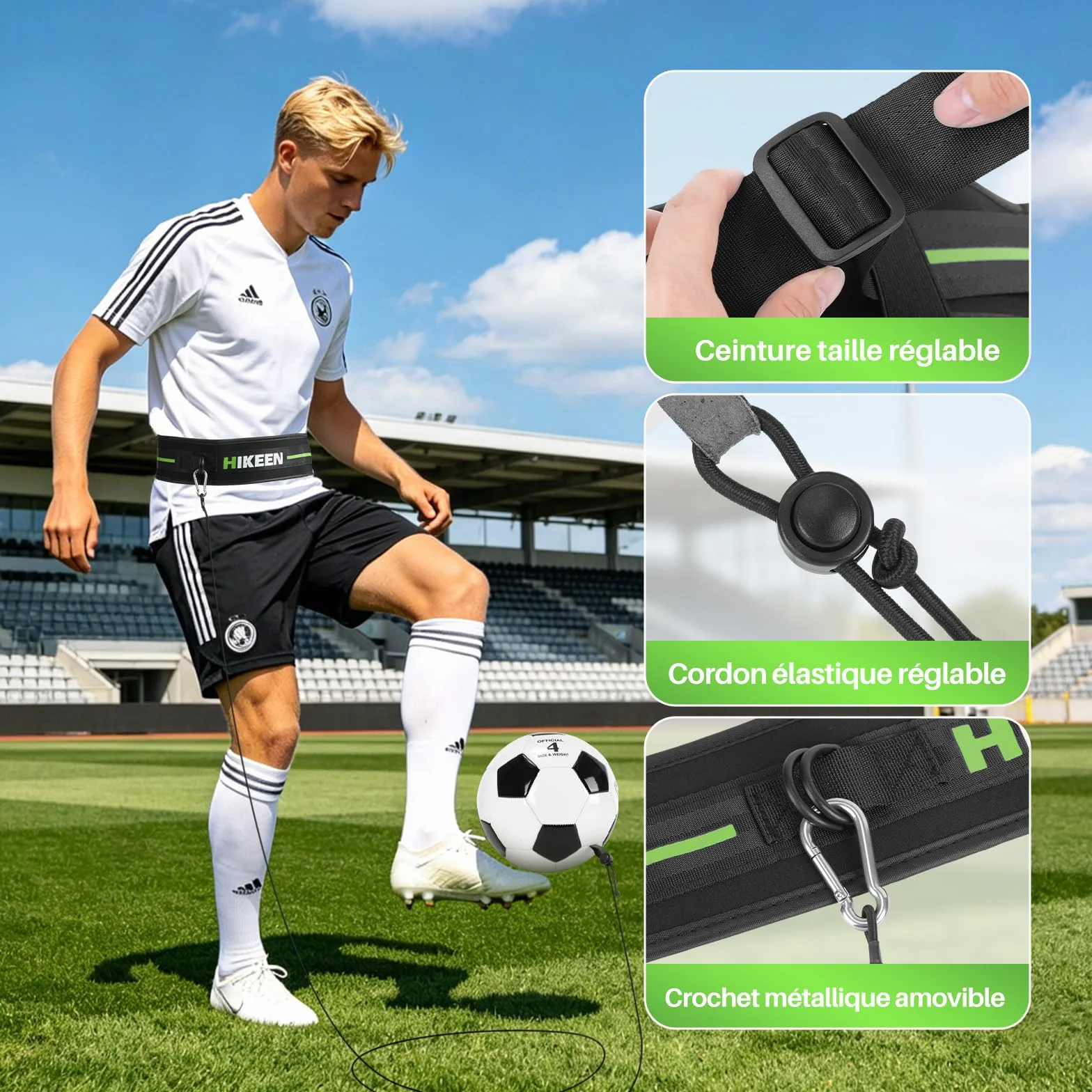 Hikeen Ceinture d'entrainement Football Réglable avec Ballon Foot Kit Entrainement Corde Élastique Adolescents Adultes