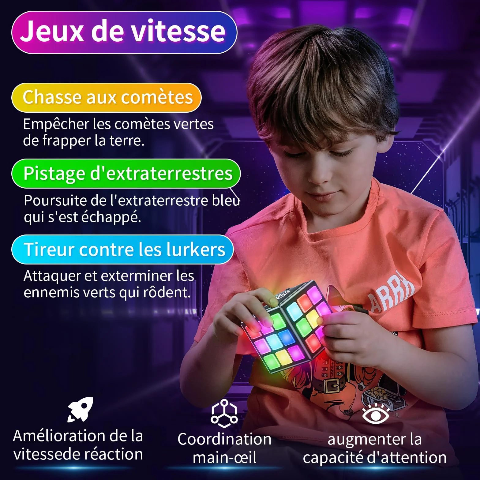 Xinbeiya Cube de Jeu Rechargeable 15-en-1 Jeux de Cerveau Mémoire Rapidité Enfants 6-12 Ans Version Française Noir