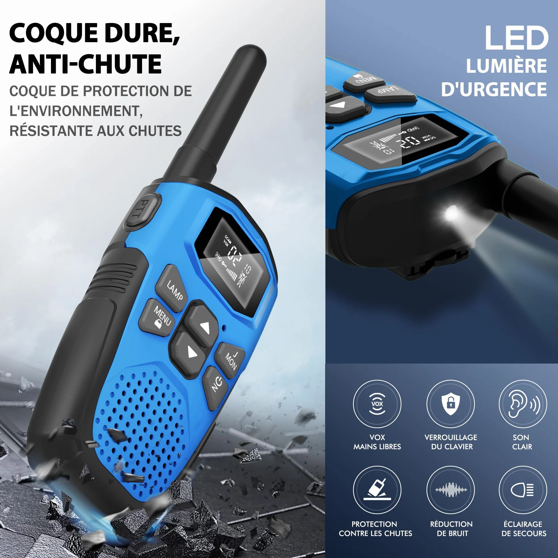 Talkie Walkie Rechargeable Li-ION 1200mAh 5KM USB Type-C VOX Mains Libres 16 Canaux