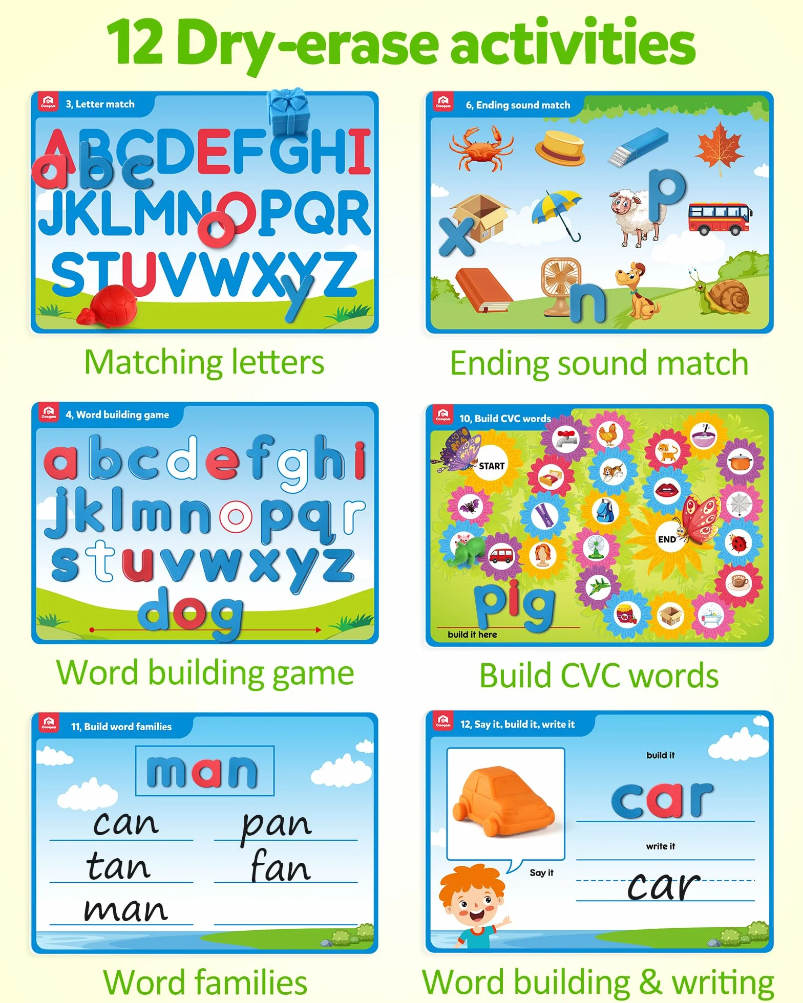 Coogam Preschool Alphabet Learning Playset Jeu de lettres magnétiques reconnaissance de l'abc éducatif avec 6 cartes d'activité jouet autisme manipulateur phonique 3 ans