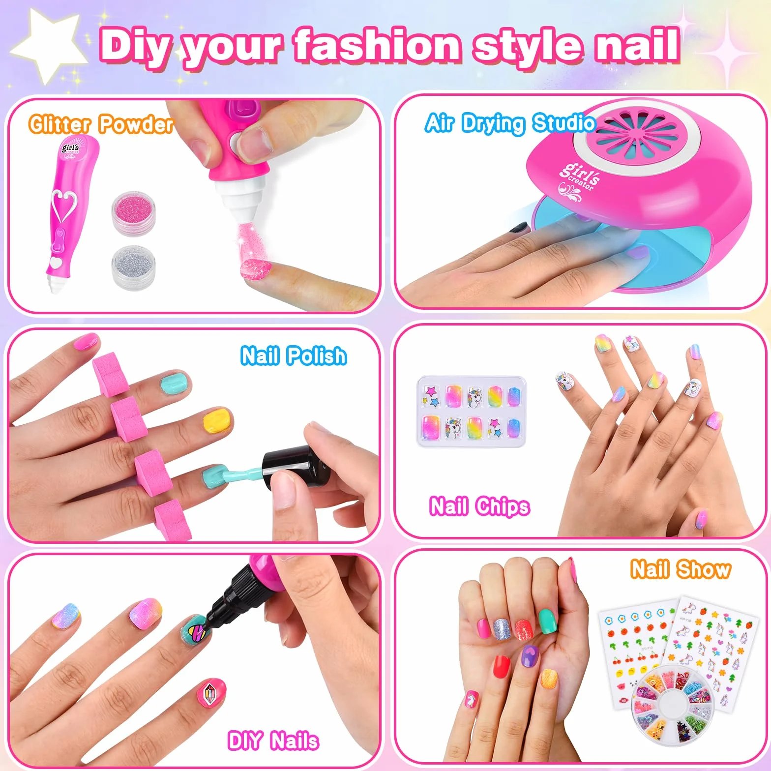 Kit Manucure Fille avec Sèche Ongles, Vernis à Ongle, Jouet Autocollants Cadeau Noël 4-8 Ans
