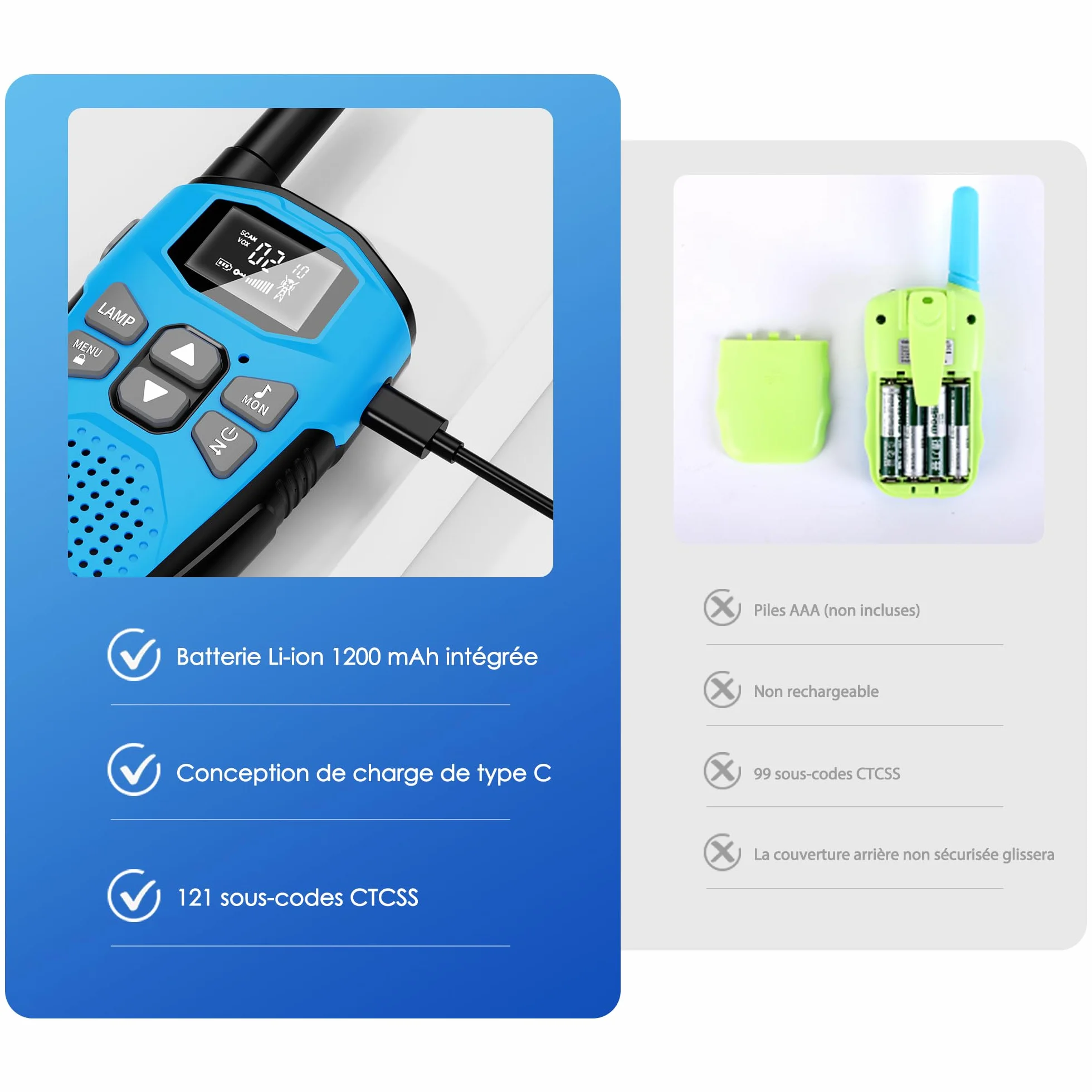 Talkie Walkie Rechargeable Li-ION 1200mAh 5KM USB Type-C VOX Mains Libres 16 Canaux