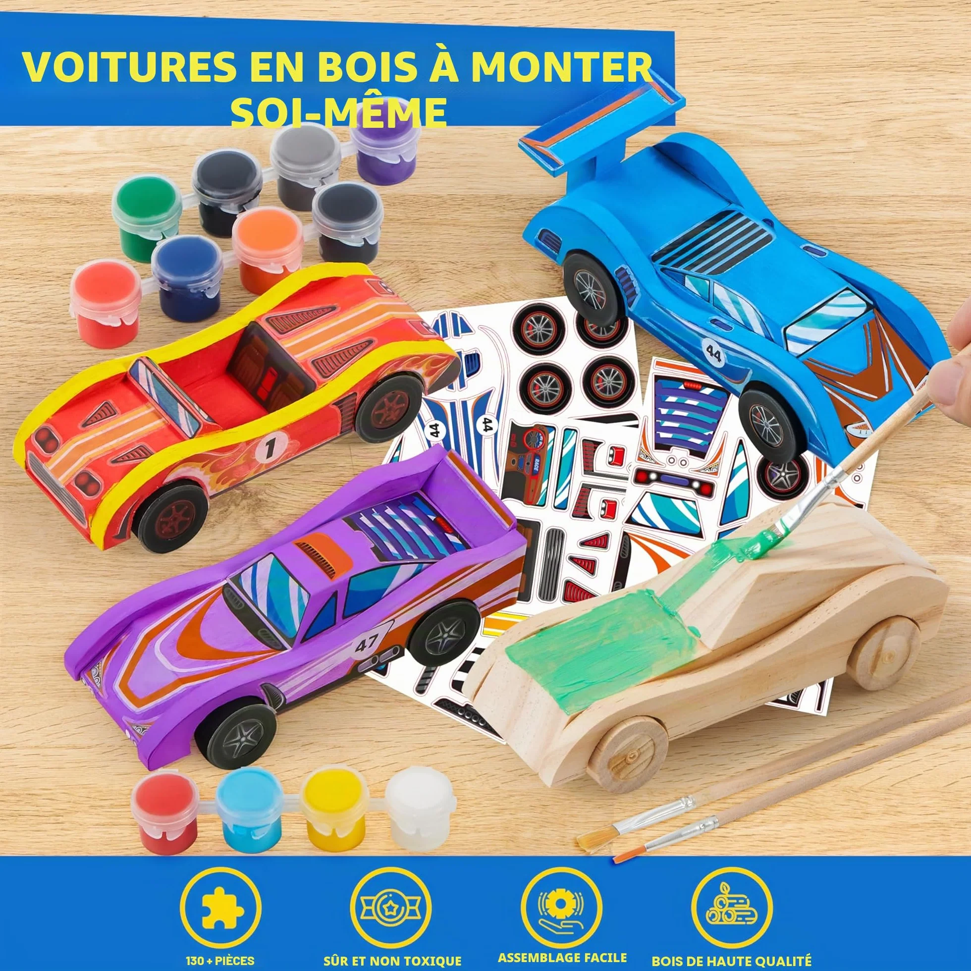 Klever Kits Kit de peinture pour voitures de course en bois, activités artistiques enfants 6-12 ans
