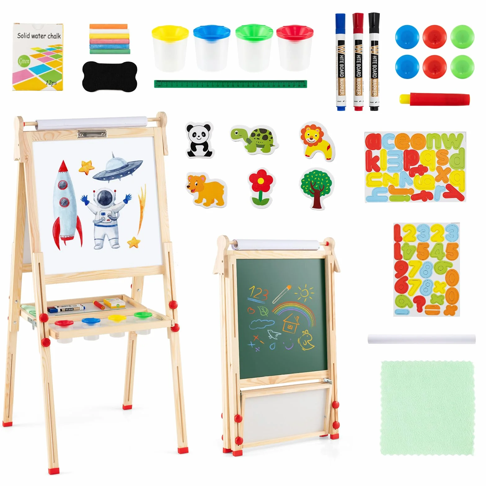 COSTWAY 3 en 1 Tableau Enfant Double Face avec Rouleau de Papier & Tableau Noir/Blanc, Chevalet Enfant Pliable avec Étagère & Hauteur Réglable, 27 Accessoires pour 3-14 Ans (‎59,5x65x147cm)