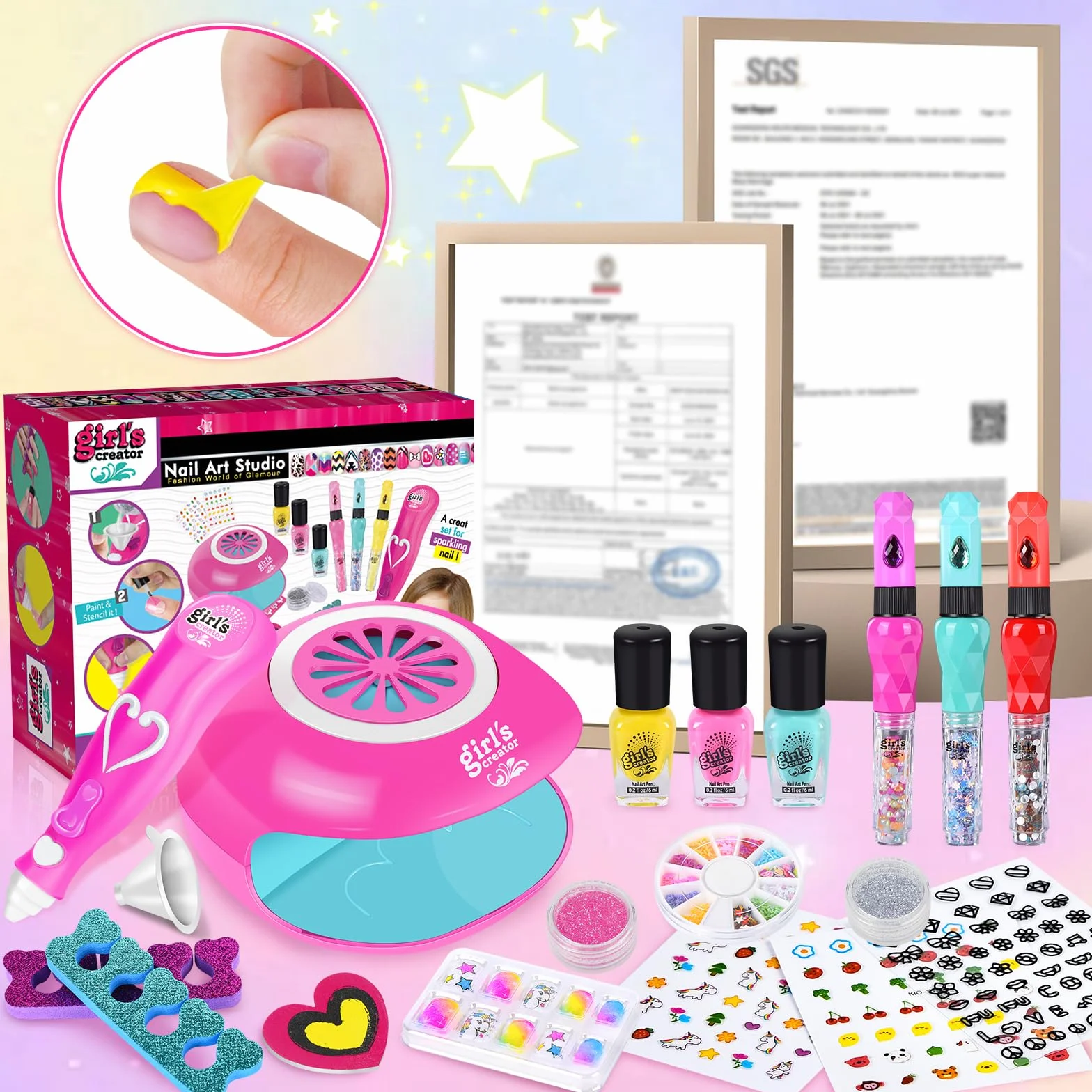 Kit Manucure Fille avec Sèche Ongles, Vernis à Ongle, Jouet Autocollants Cadeau Noël 4-8 Ans