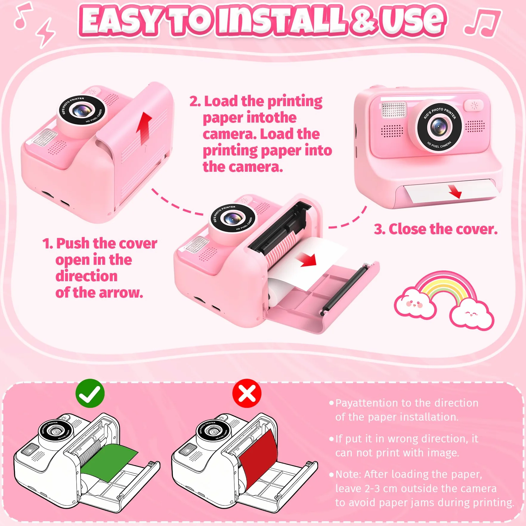 Appareil Photo Instantané Enfants 2.4" Écran Selfie avec Carte 32GB et 3 Rouleaux Papier, Jouet Cadeau Noël Fille Garçon 3-12 Ans Rose