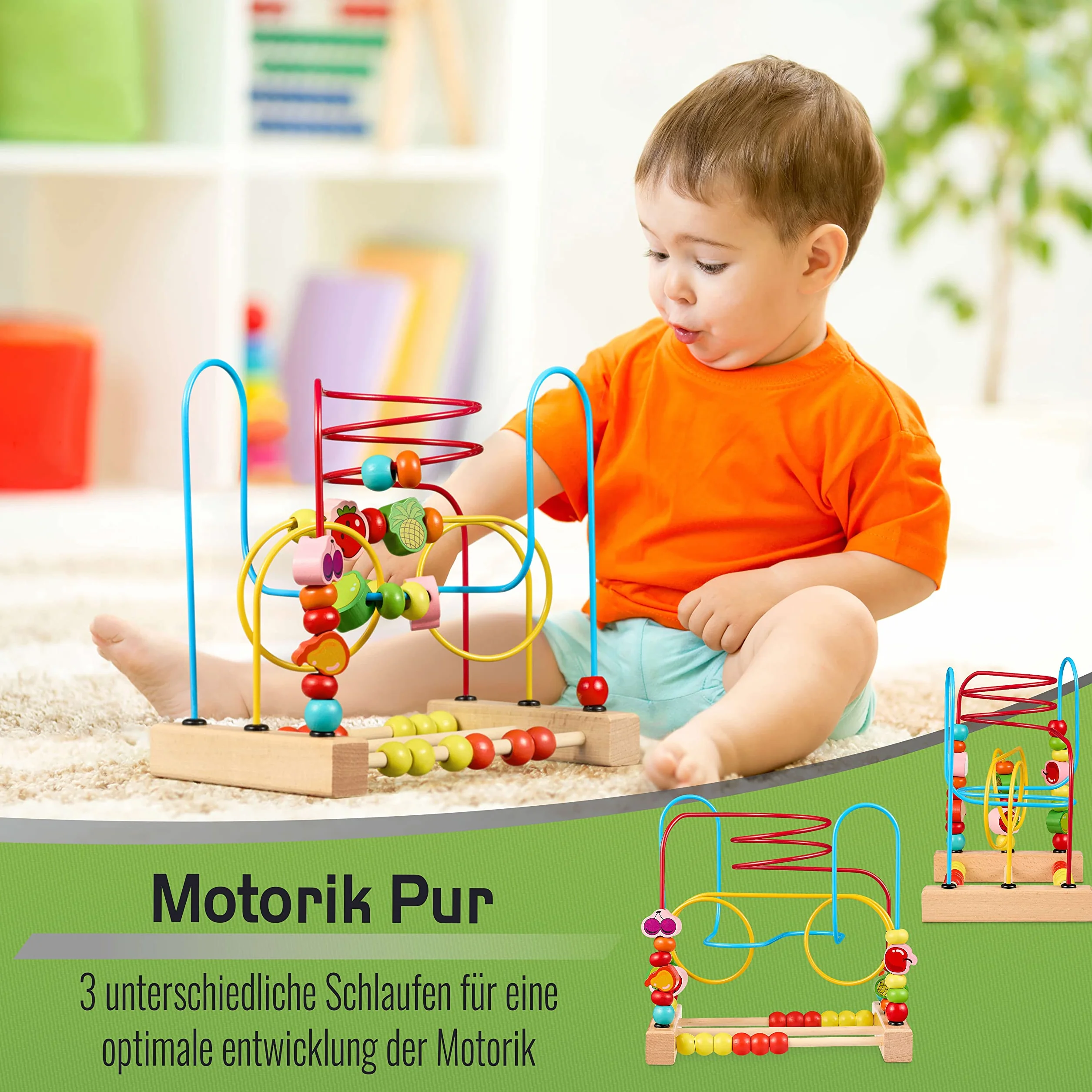 Balinco Cube de Motricité Montessori Bébés dès 6 Mois Jouet en Bois avec Fruits Perles à Faire Glisser Développement Sensoriel