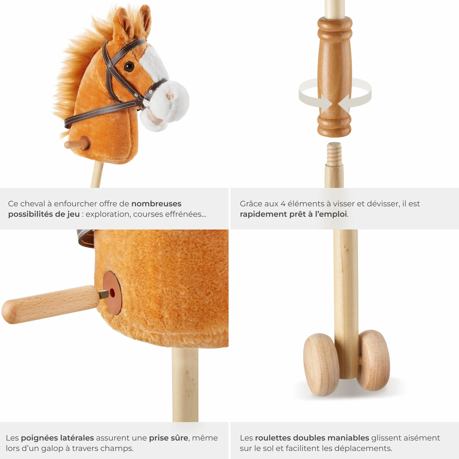 Tectake Hobby Horse 103 cm, Cheval Bâton à partir de 24 Mois, Poignées Latérales et Roulettes, Peluche Douce