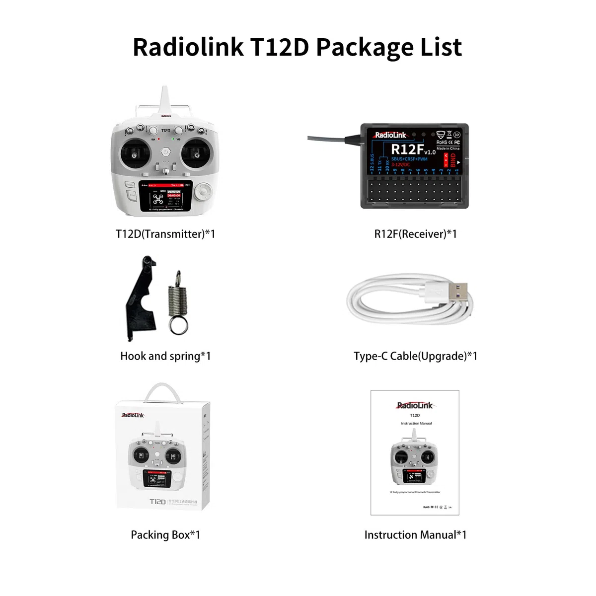 Radiolink T12D 12CH 2.4G Émetteur RC Récepteur R12F, prend en charge les modules ELRS/Crossfire longue portée, 50 modèles de stockage, télécommande RC longue portée de 4 km pour avion télécommandé,
