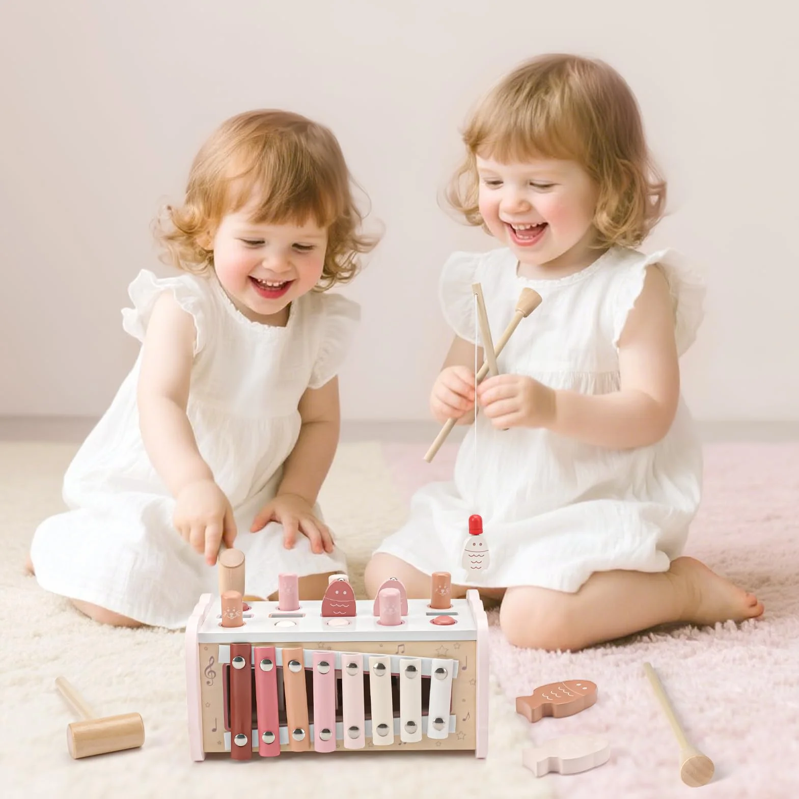 Joyreal Jeux Montessori 1 an - 4 en 1 Xylophone Bebe, Jeu Pêche, Jeu Marteau, Jouet en Bois Motricité Bébé Jeux Educatif