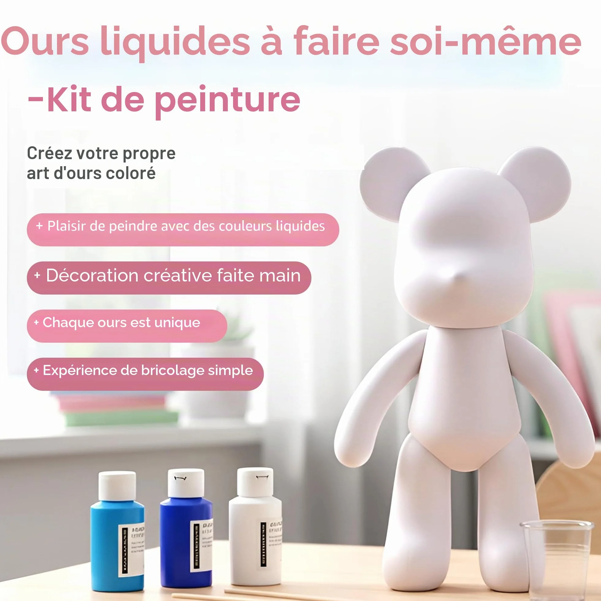 Kit DIY pour peindre un ours – Ensemble de peinture créatif pour adultes et enfants | Figurine d’ours avec 3 couleurs, pinceaux et accessoires | Cadeau décoration maison (Bleu)