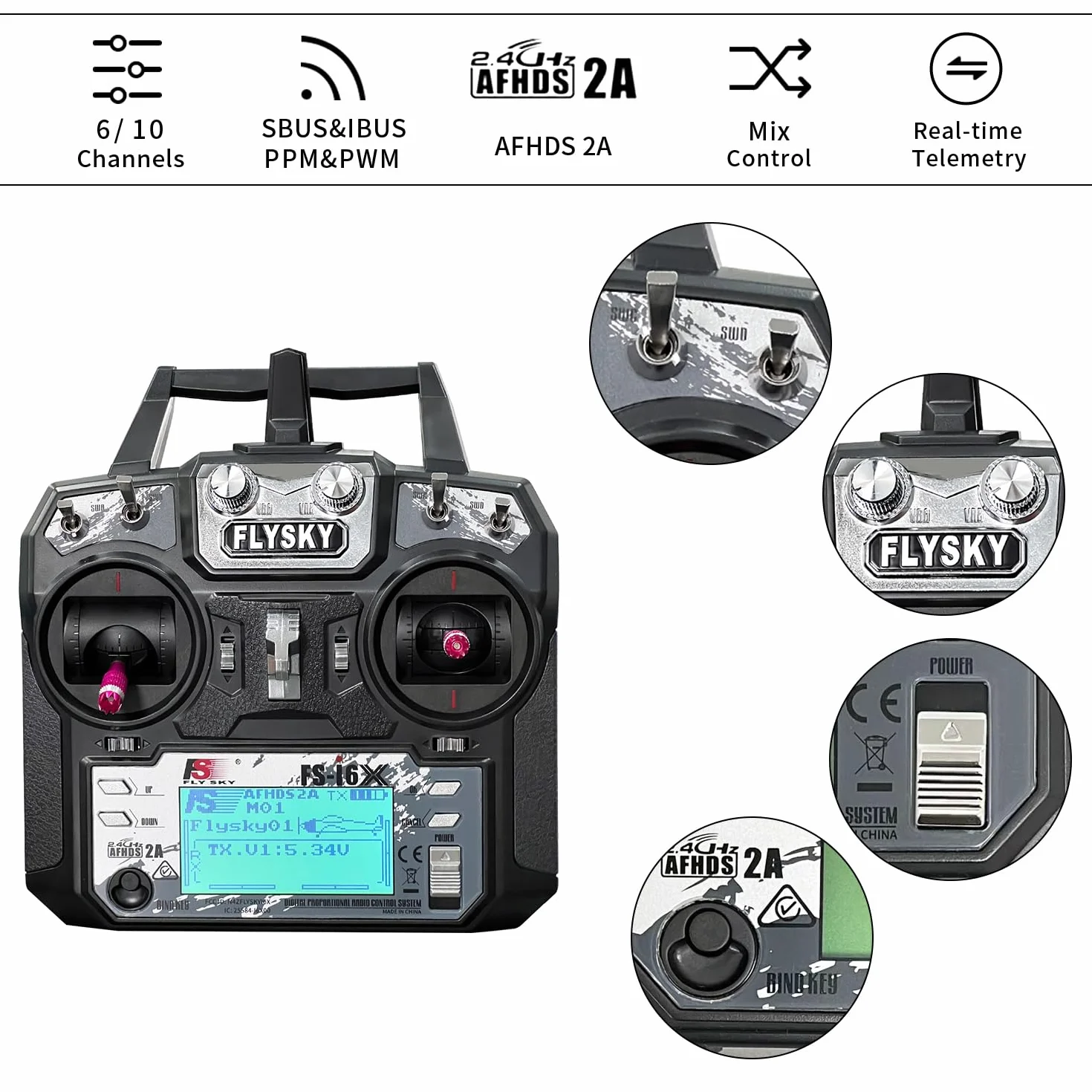 HAWK'S WORK Flysky Émetteur FS-i6X 10 Canaux avec Récepteur FS-iA10B, Contrôleur RC 2,4 GHz pour Voitures, Bateaux, Avions, Hélicoptères, Drones, Robots et Véhicules de Chantier RC (Mode 2)