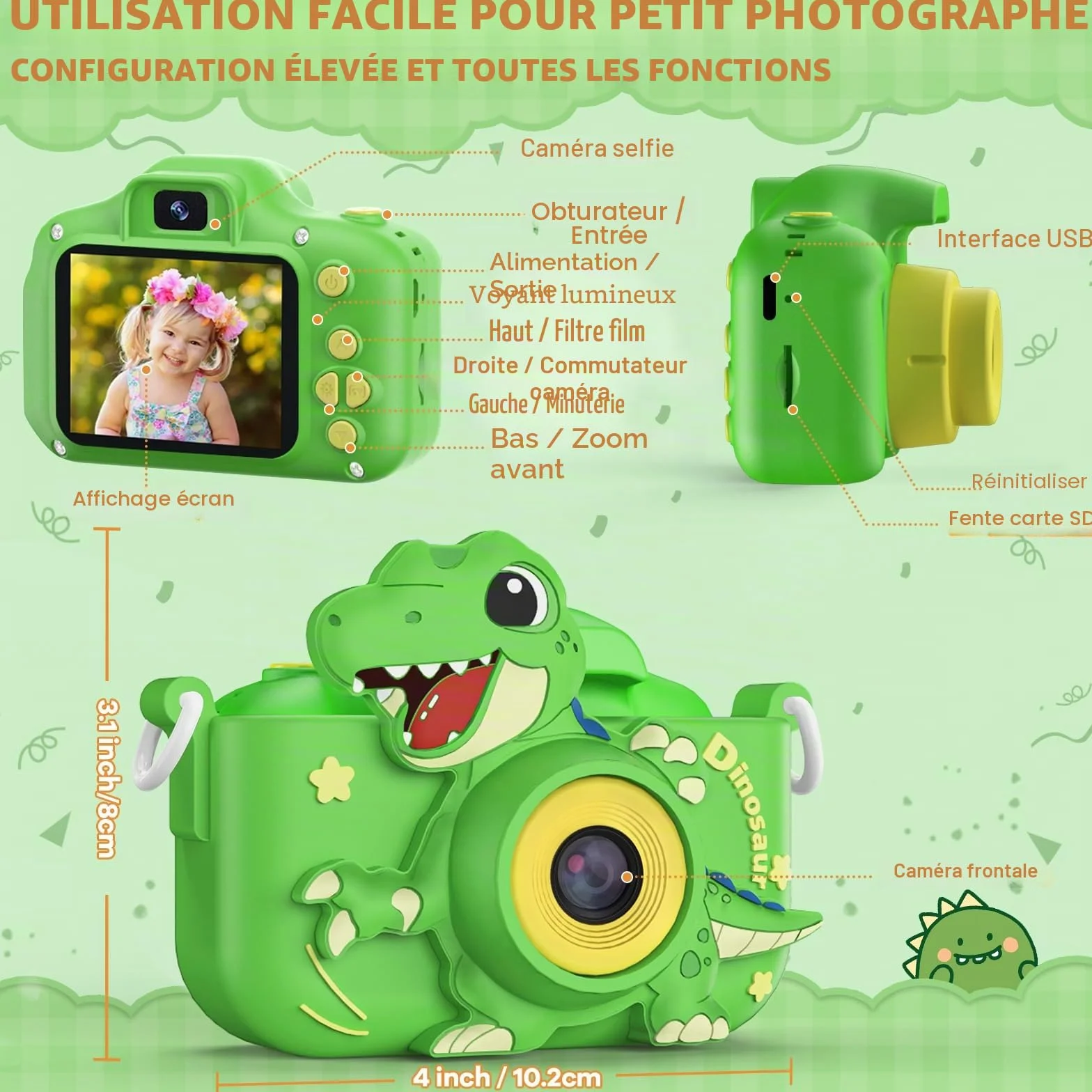 Appareil Photo Enfant 48MP 1080P HD Vidéo Rechargeable Caméscope 3-12 Ans avec 32G Carte SD et Étui Silicone