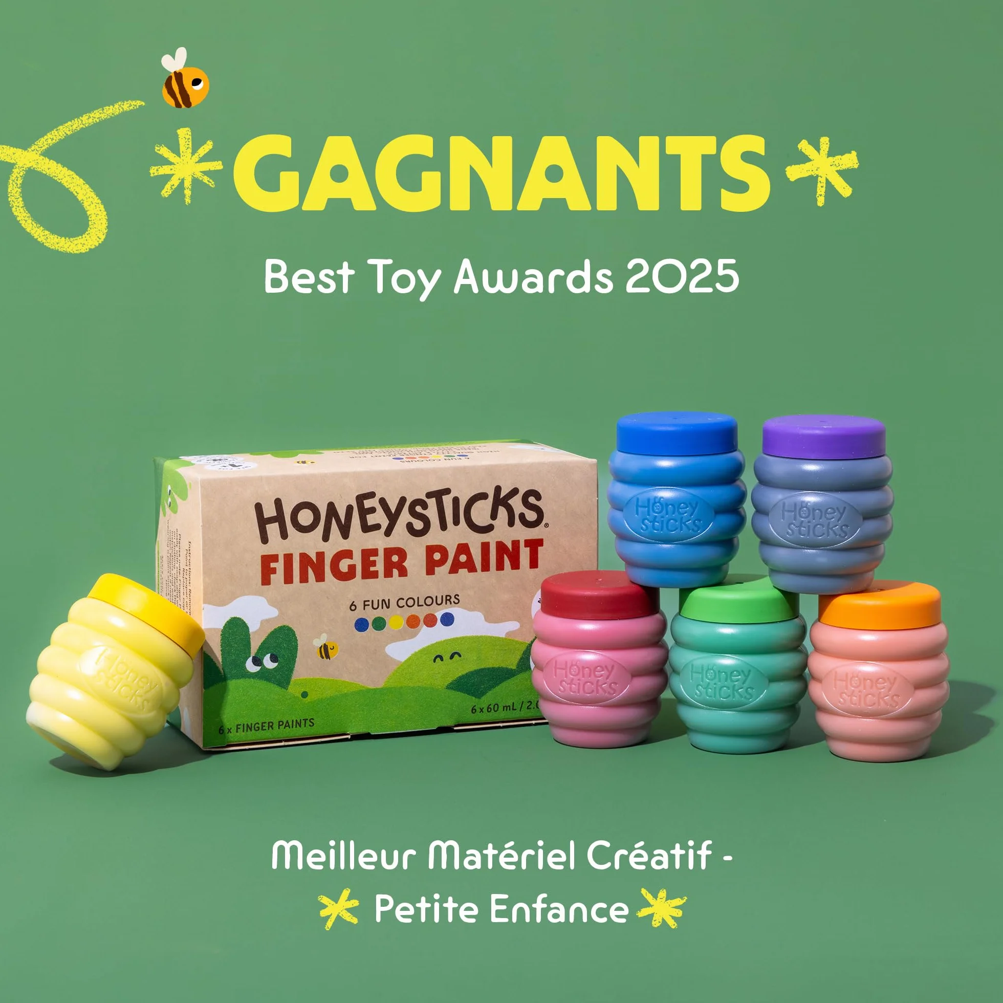 Honeysticks Peinture au Doigt 6 Couleurs Vives Lavable Sûre Enfants 1-5 Ans à Base d'Eau Écologique