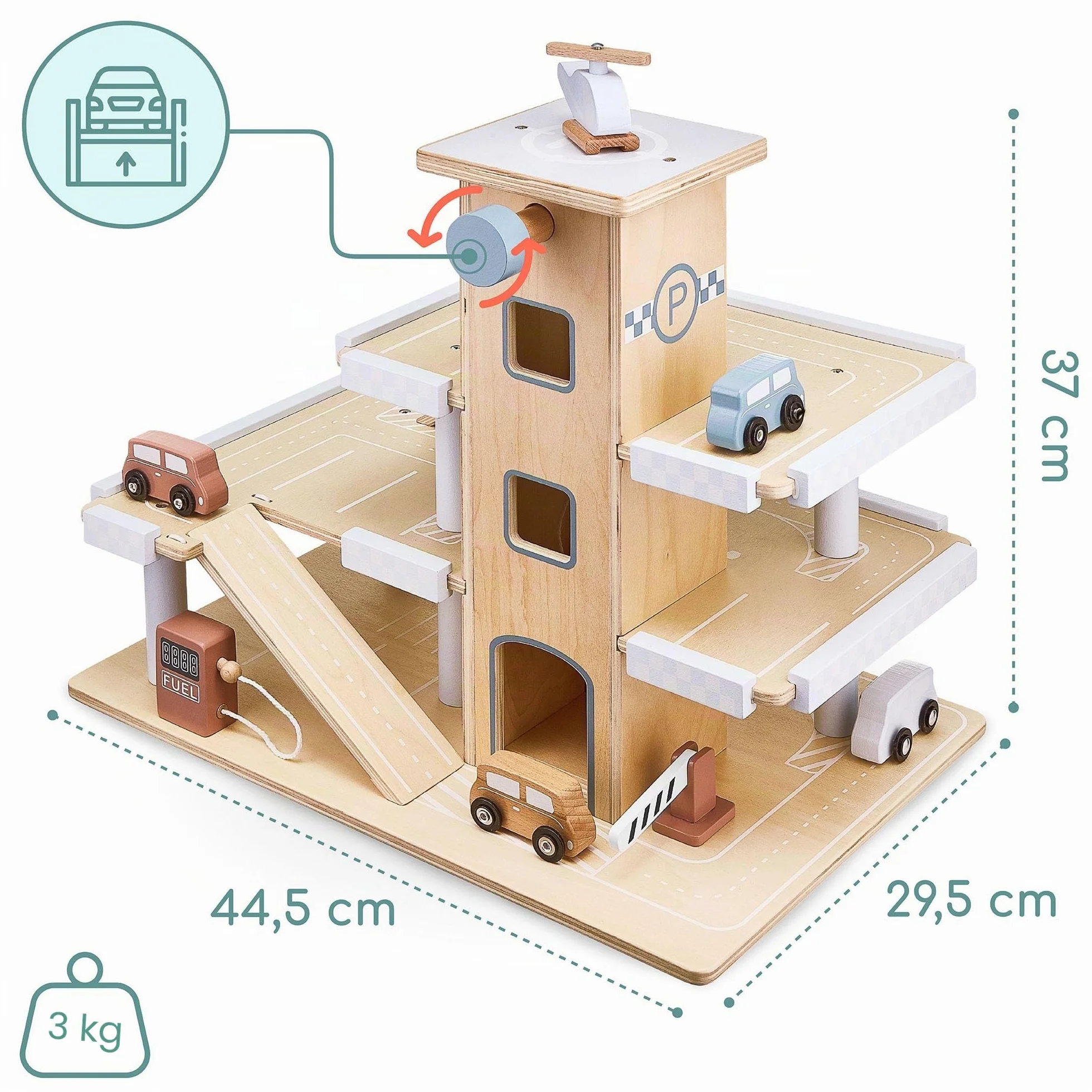 Garage Voitures en Bois 3 Niveaux avec Ascenseur et Piste d'Atterrissage Jouet Éducatif 45x30x37cm CE EN71