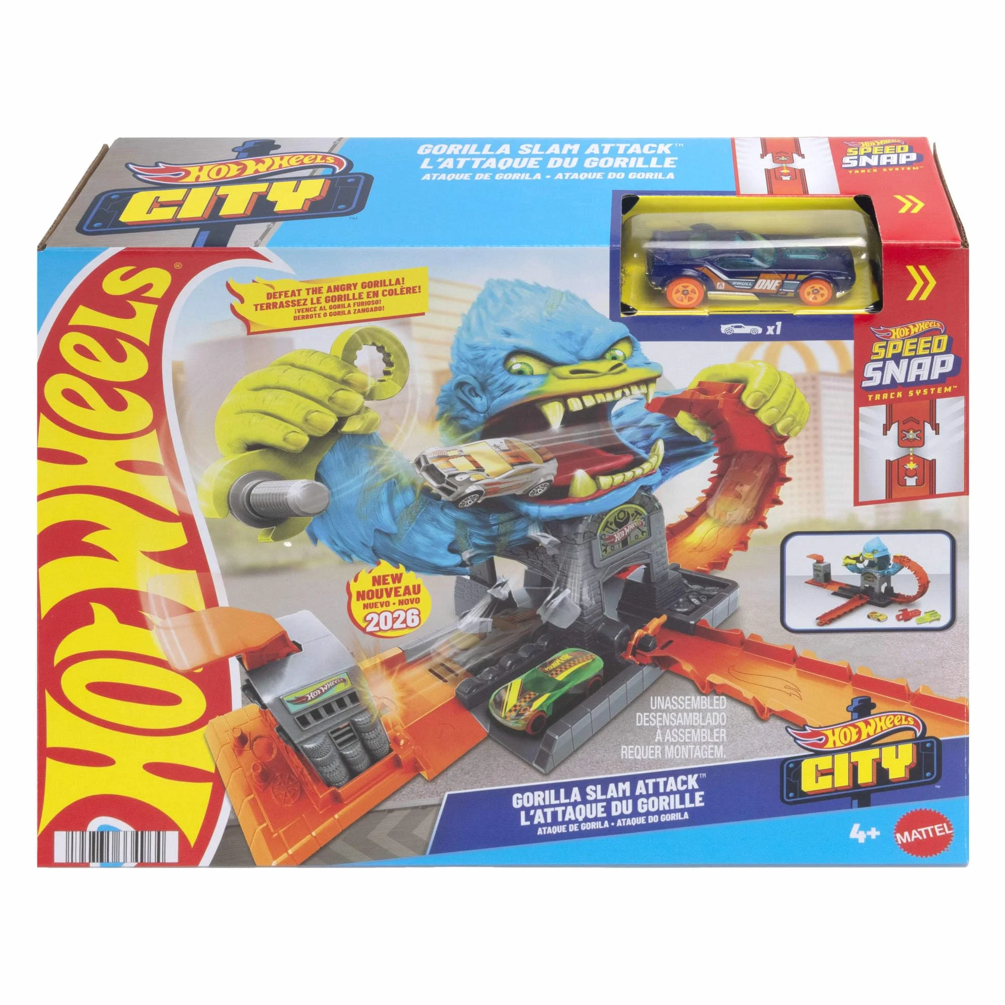 Hot Wheels Coffret Attaque du gorille véhicule échelle 1/64 défi ennemi juré piste Speed Snap JHL92