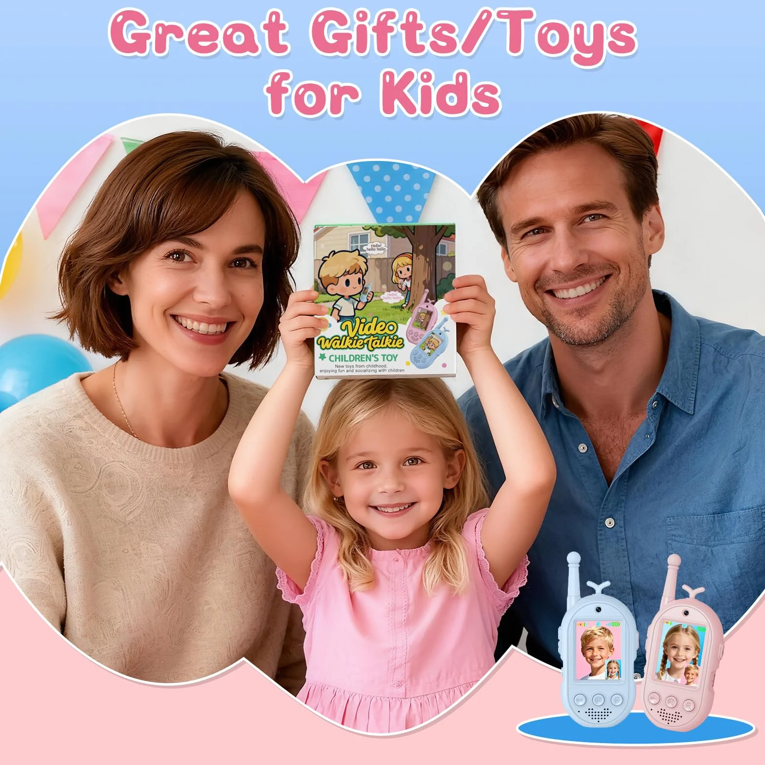 Talkie Walkie Enfants avec Vidéo, 2 Talkies Walkies Rechargeables, Communication Radio Bidirectionnelle, Cadeau 3-12 Ans (Rose + Bleu)