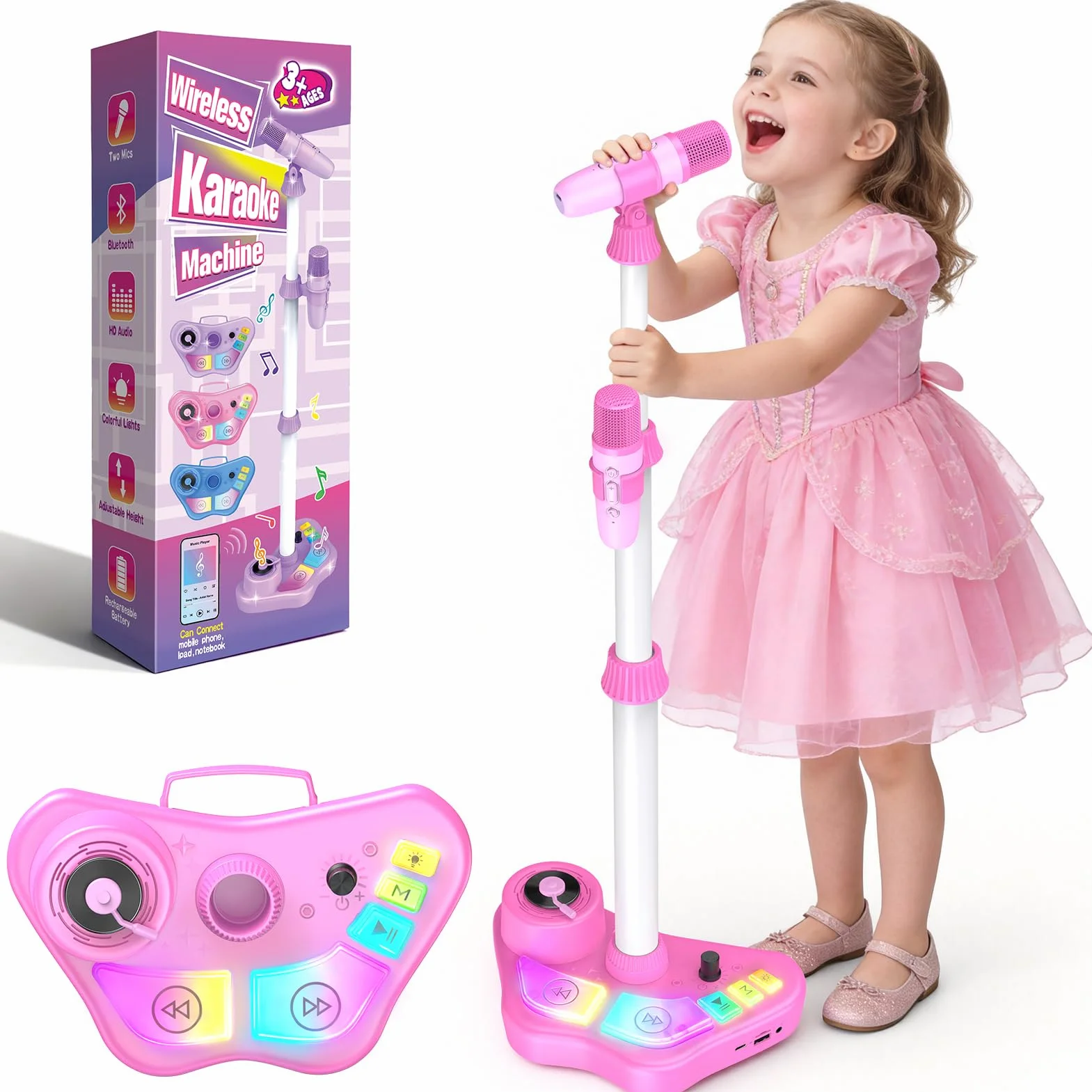 Microphone Enfant avec Support et Lumière, Micro Karaoke Bluetooth/TF/USB, Cadeau Anniversaire Fille 3-12 Ans (Rose)