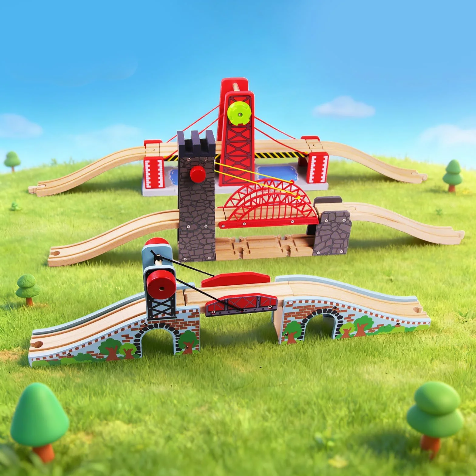 Pont de Chemin de Fer en Bois Compatible avec les Marques de Rails, Jeu de Train pour Enfants