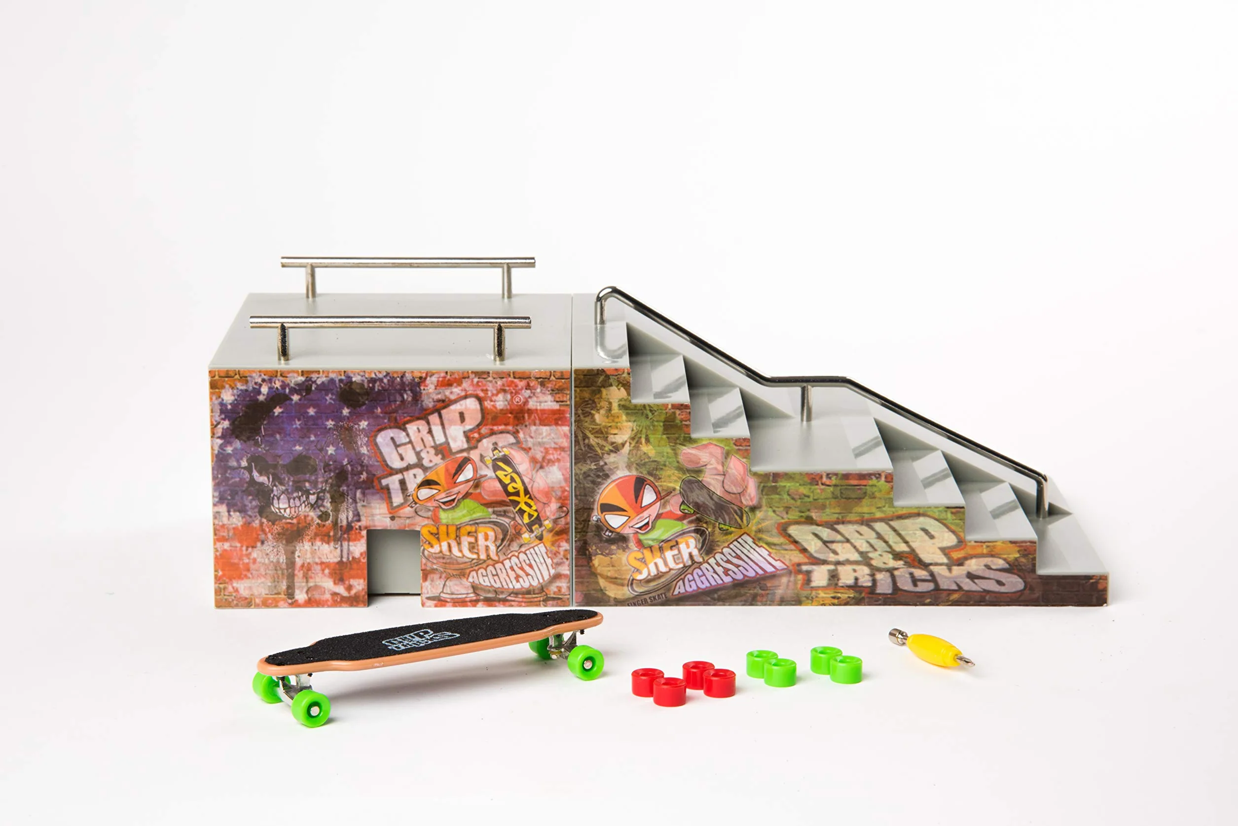 SPIRITRIDERS GRIP & TRICKS Rampe à Doigt Halfpipe avec 1 Finger Skate 8 Mini Roues Supplémentaires 1 Outil pour Skateboard - Jouet à Doigt 11 pièces Multicolore