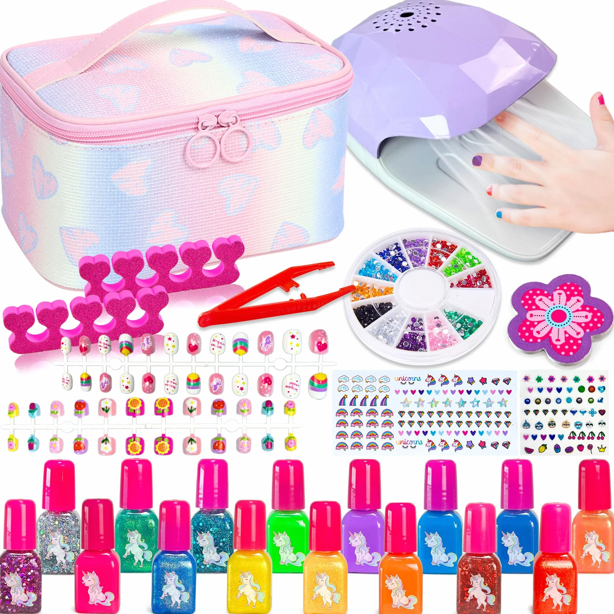 Kit Manucure Enfant Fille Vernis à Ongles Non Toxique Pelable avec Séchoir à Ongles Trousse de Maquillage Jouet Cadeau d'anniversaire 6-11 Ans