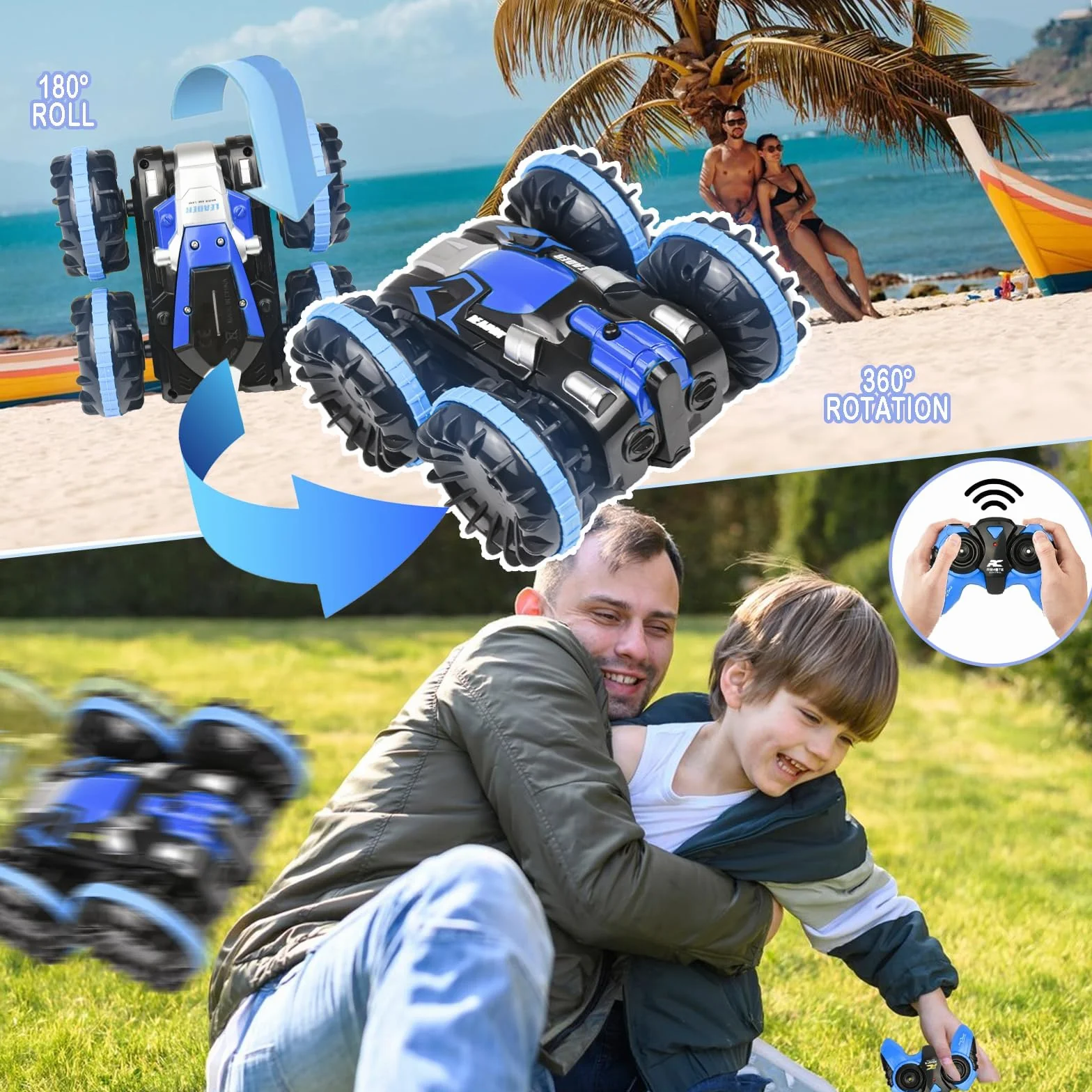 Zequech Véhicule amphibie télécommandé, Rotation à 360°, télécommande 2.4GHz, étanche, pour Enfants 6 Ans+, Bleu