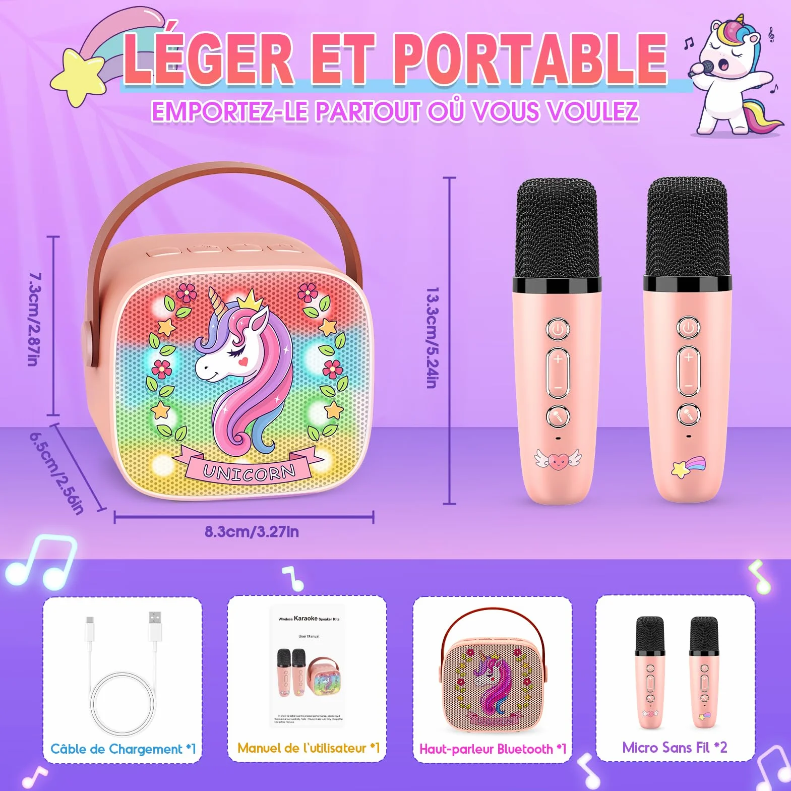 Micro Karaoke Enfant avec 2 Micros sans Fil Bluetooth, Cadeau Fille 3-12 Ans, Jouet Licorne