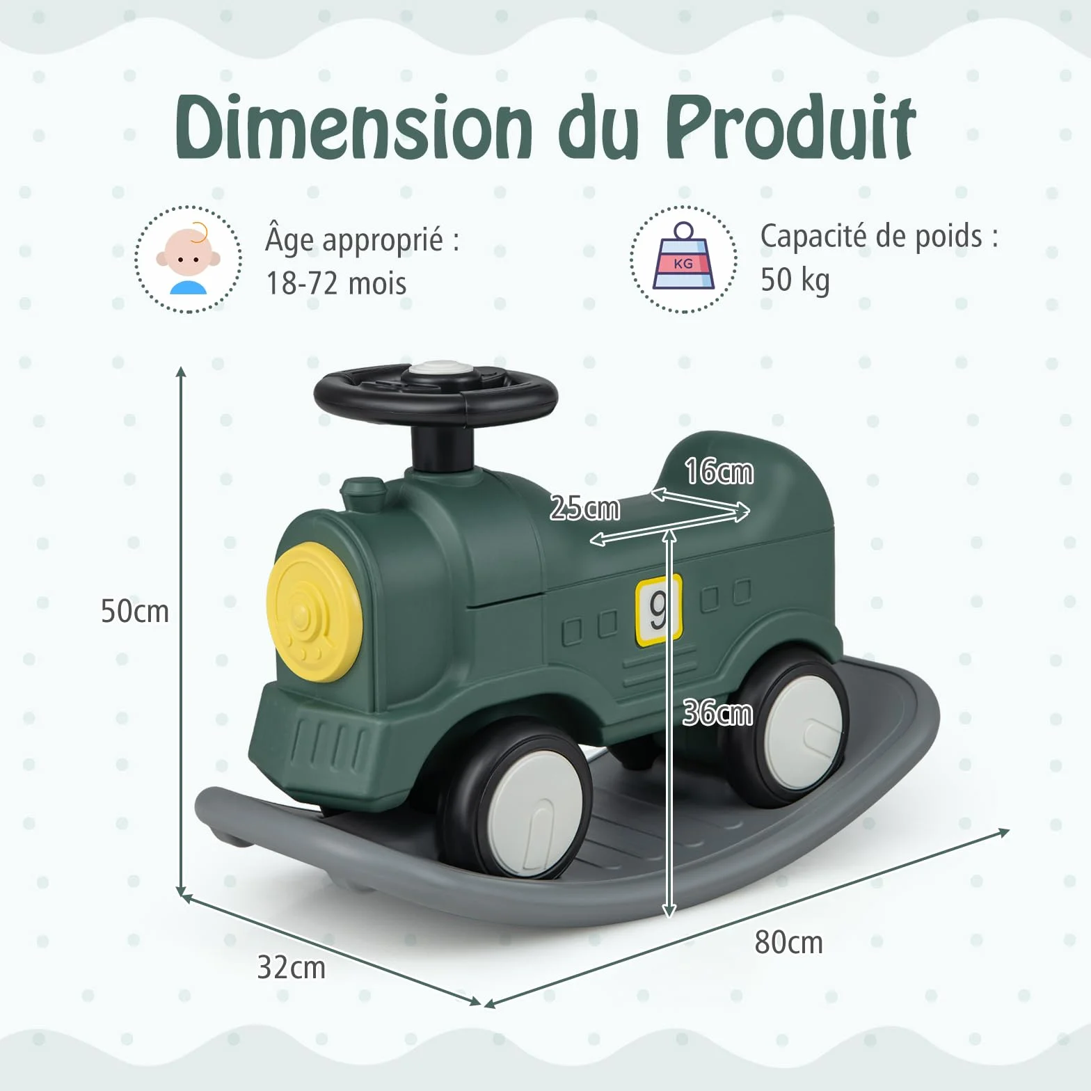 DREAMADE Cheval à Bascule 3 en 1 pour Enfant 1+ an, Charge Max. 50KG, Vert