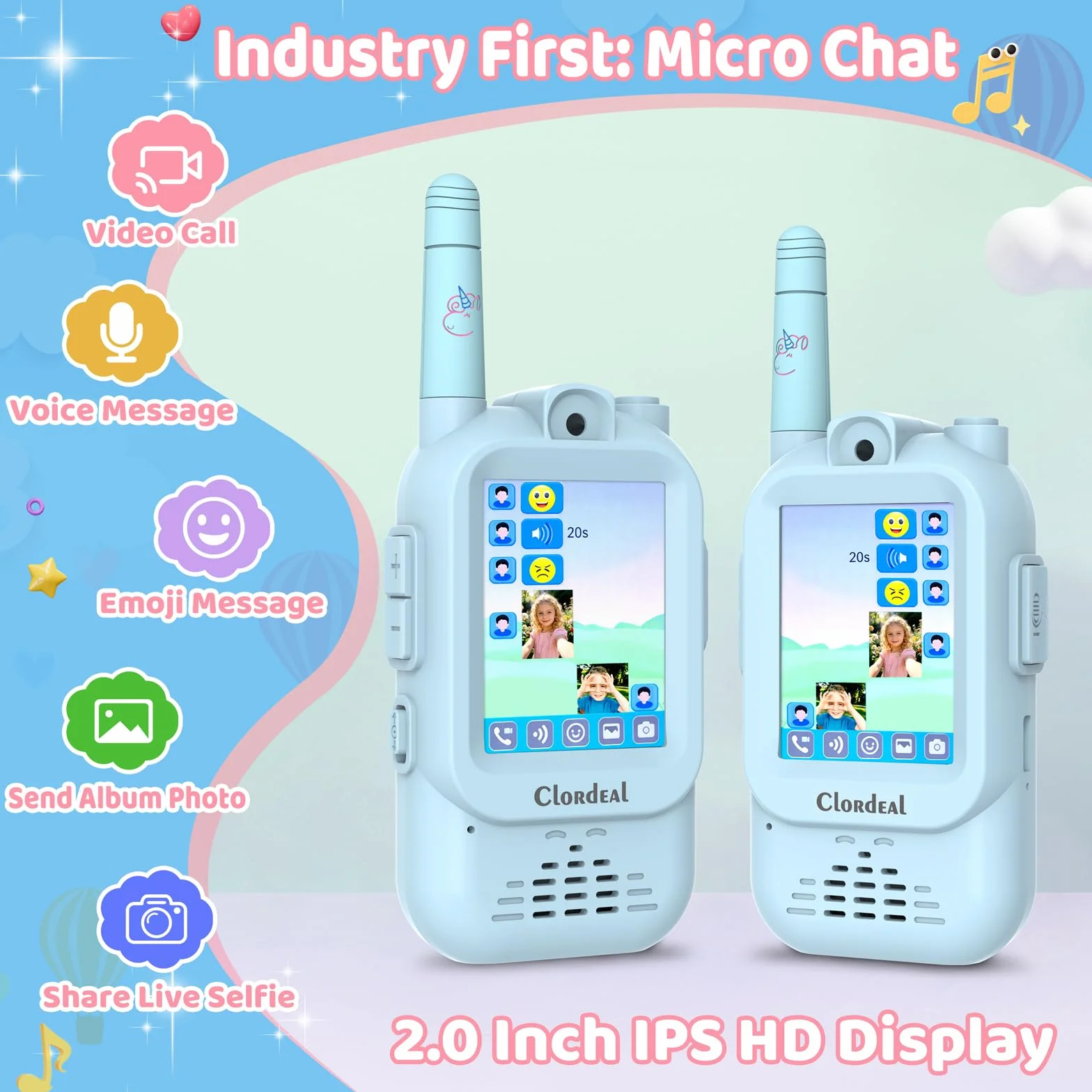 Talkie Walkie Enfant Longue Portée Rechargeable Écran LCD 2" Appel Vidéo 6 Effets Vocaux Appareil Photo Pack de 2 Bleu