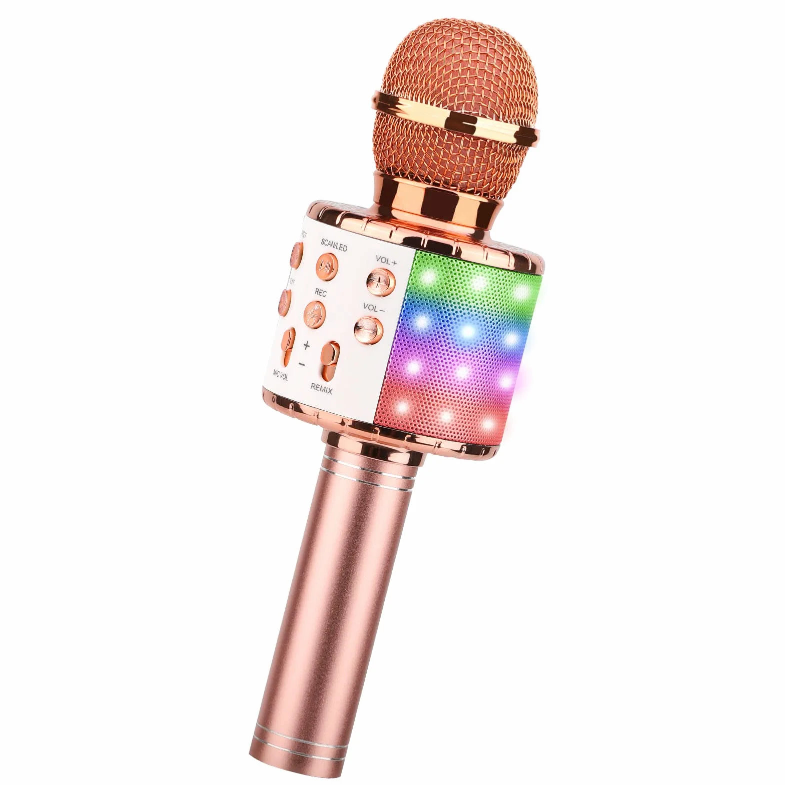 Microphone Karaoke sans Fil Bluetooth Portable avec LED Lumière Disco pour Enfants Adultes Chanter Compatible Android iOS PC Smartphone Or Rose