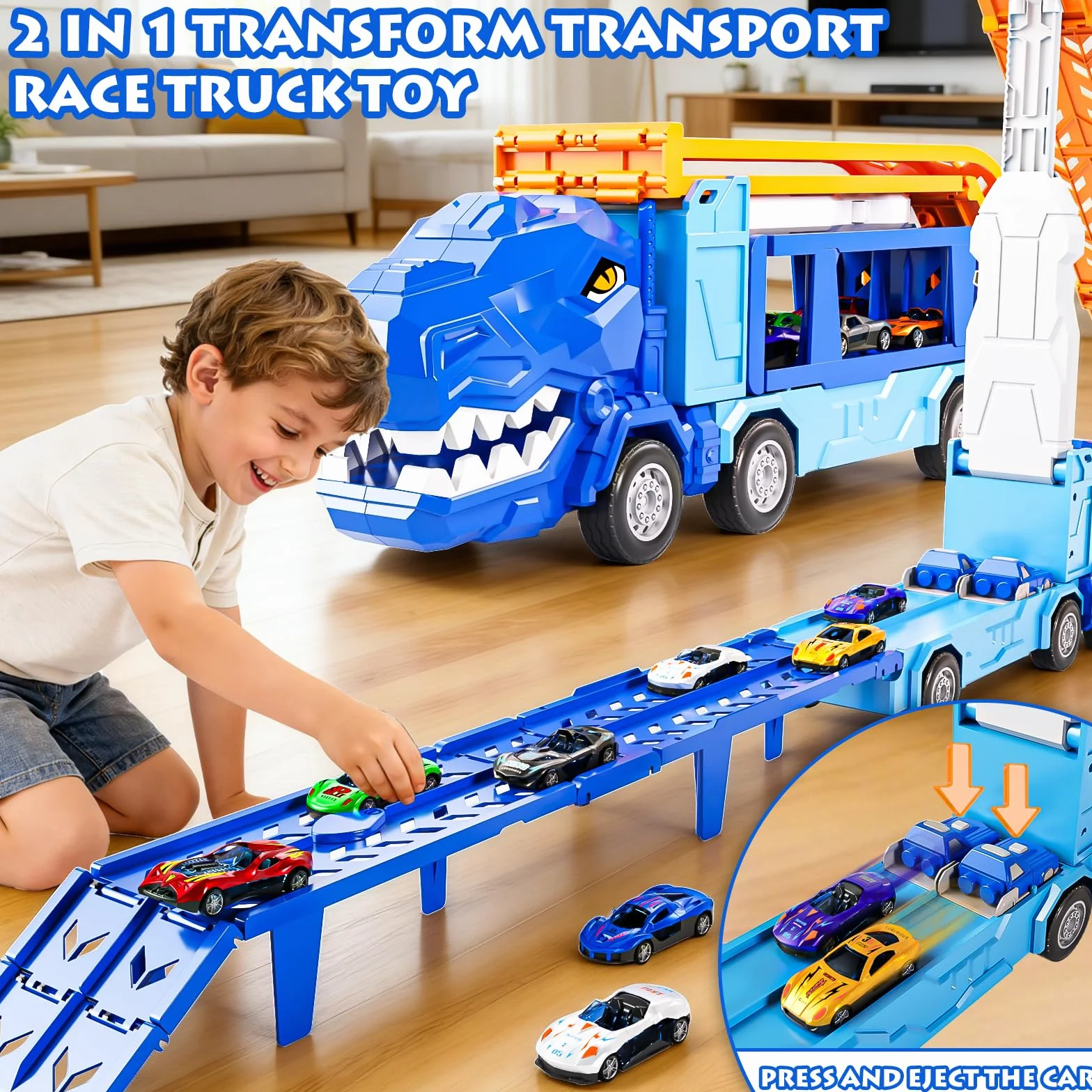 Jouet de camion dinosaure avec grue et 12 mini voitures course pour enfants 3-5 ans