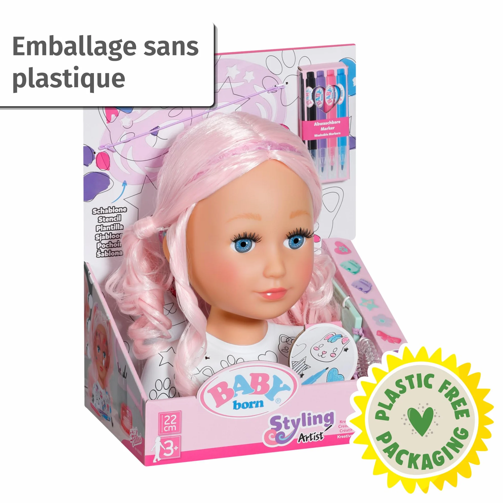 BABY born Tête de Coiffure Créative pour Enfants 3 Ans - Poupée Maquillage Cheveux Roses avec Marqueurs & Accessoires