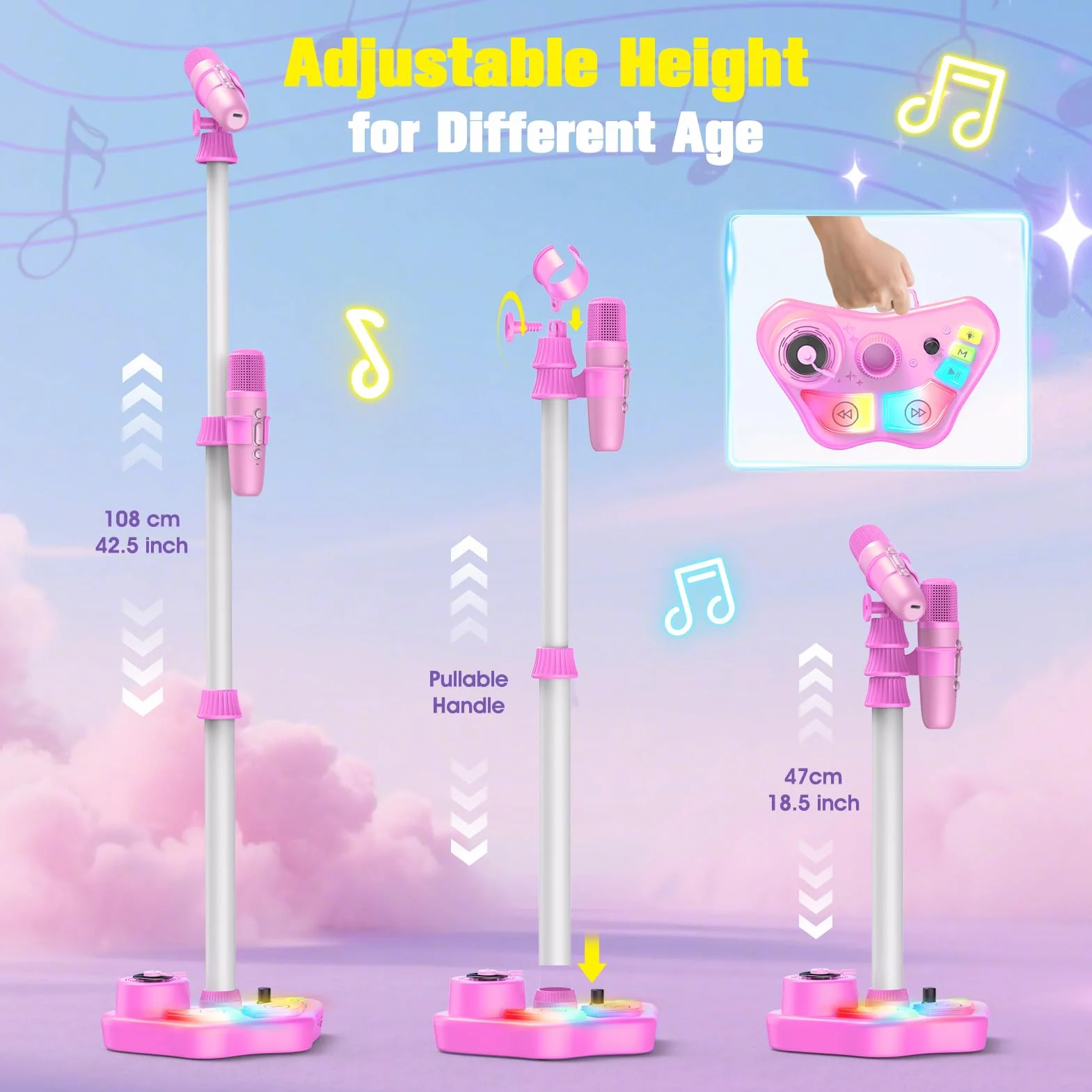 Microphone Enfant avec Support et Lumière, Micro Karaoke Bluetooth/TF/USB, Cadeau Anniversaire Fille 3-12 Ans (Rose)