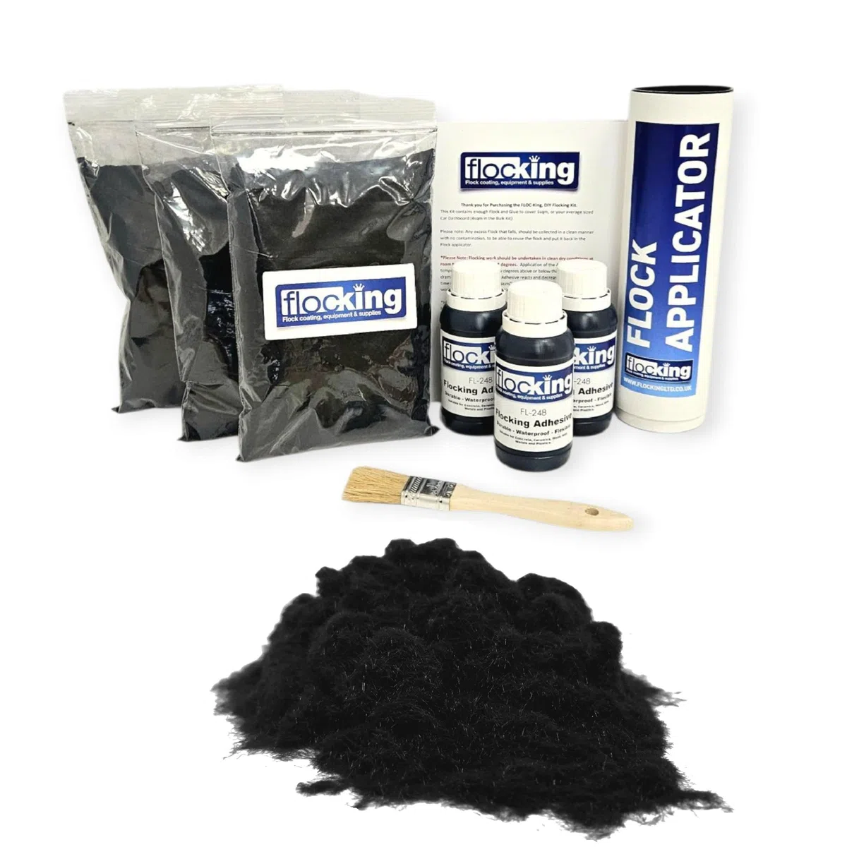 FLOC-KING Lot de 3 kits de flocage - Kit complet d'application de flocage à faire soi-même - Pour tableau de bord de voiture, projets d'artisanat, modélisme - Avec tube de colle floquée en nylon (noir