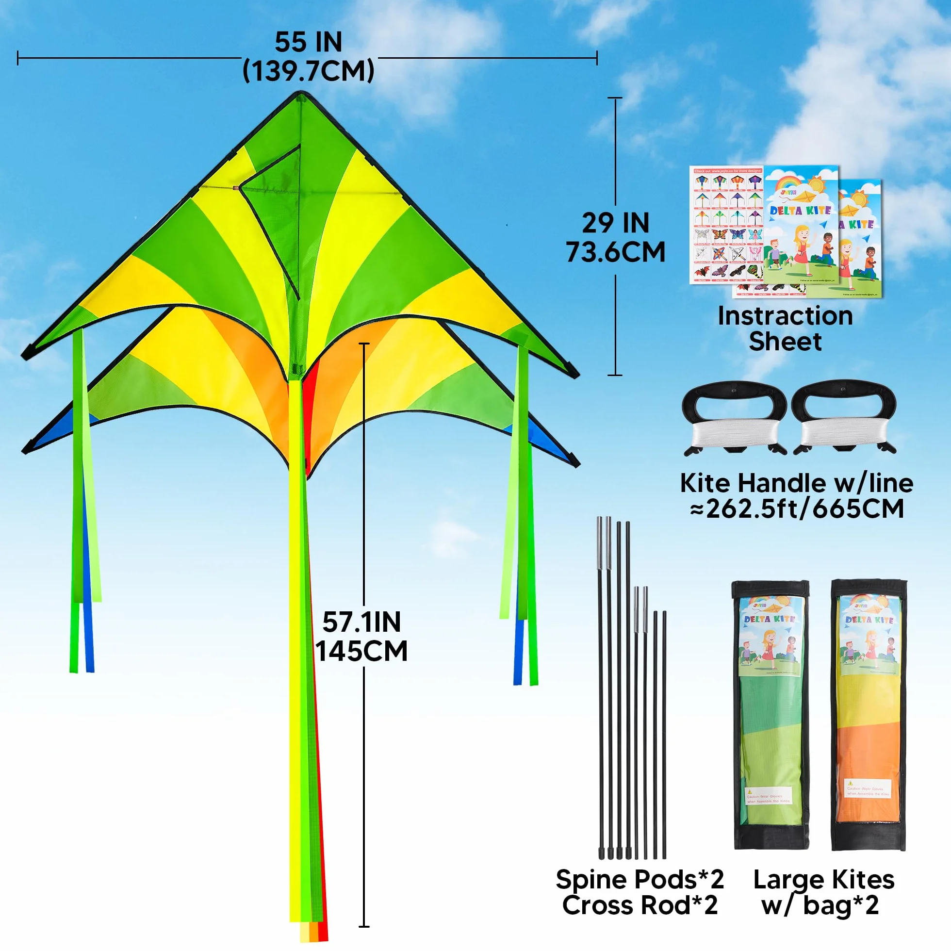 JOYIN Lot de 2 grands cerfs-volants Delta Vert multicolore faciles à voler avec ficelle 80 m pour enfants adultes plage plein air