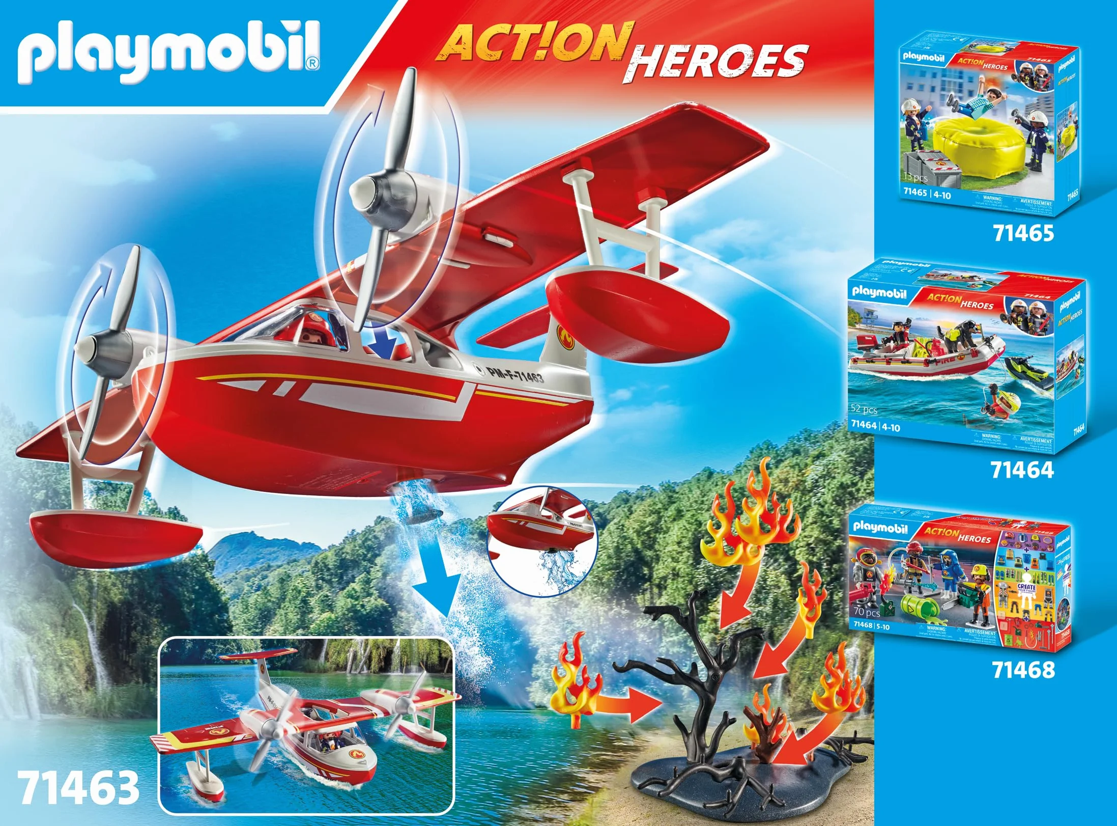 Playmobil 71463 Hydravion Pompier Action Heroes Avion Anti-Incendie avec Fonction d'extinction Dès 4 Ans