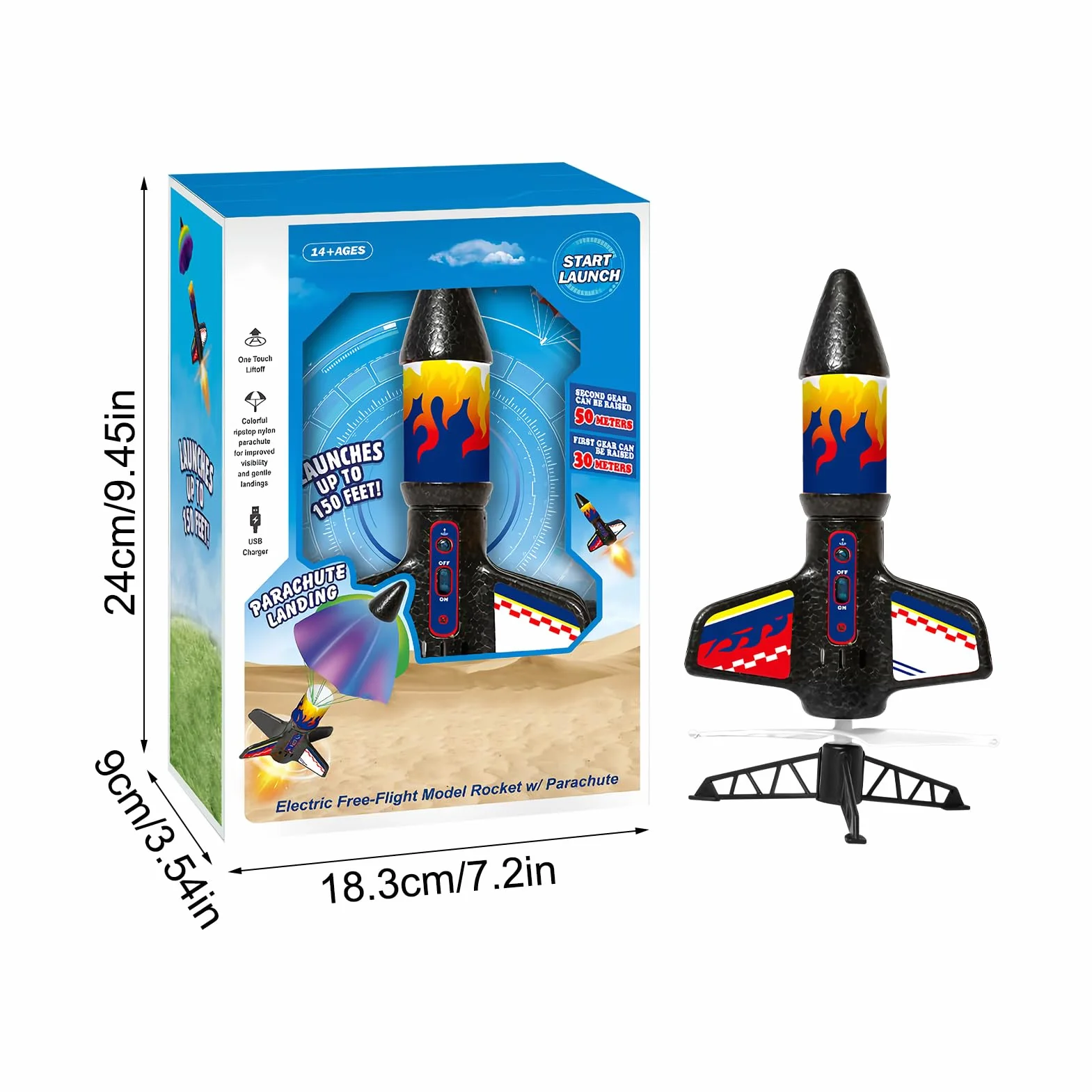 Kids Rocket Toy Launching Rocket with Parachute ABS Material LED Light Educational Science Outdoor Fun 18.3x9x24cm