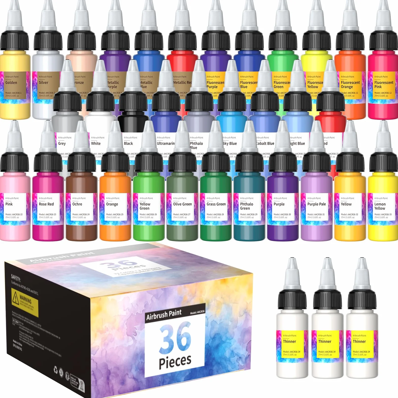 Kit Peinture Aérographe Oasser 36 Pcs 33 Couleurs 20 ml