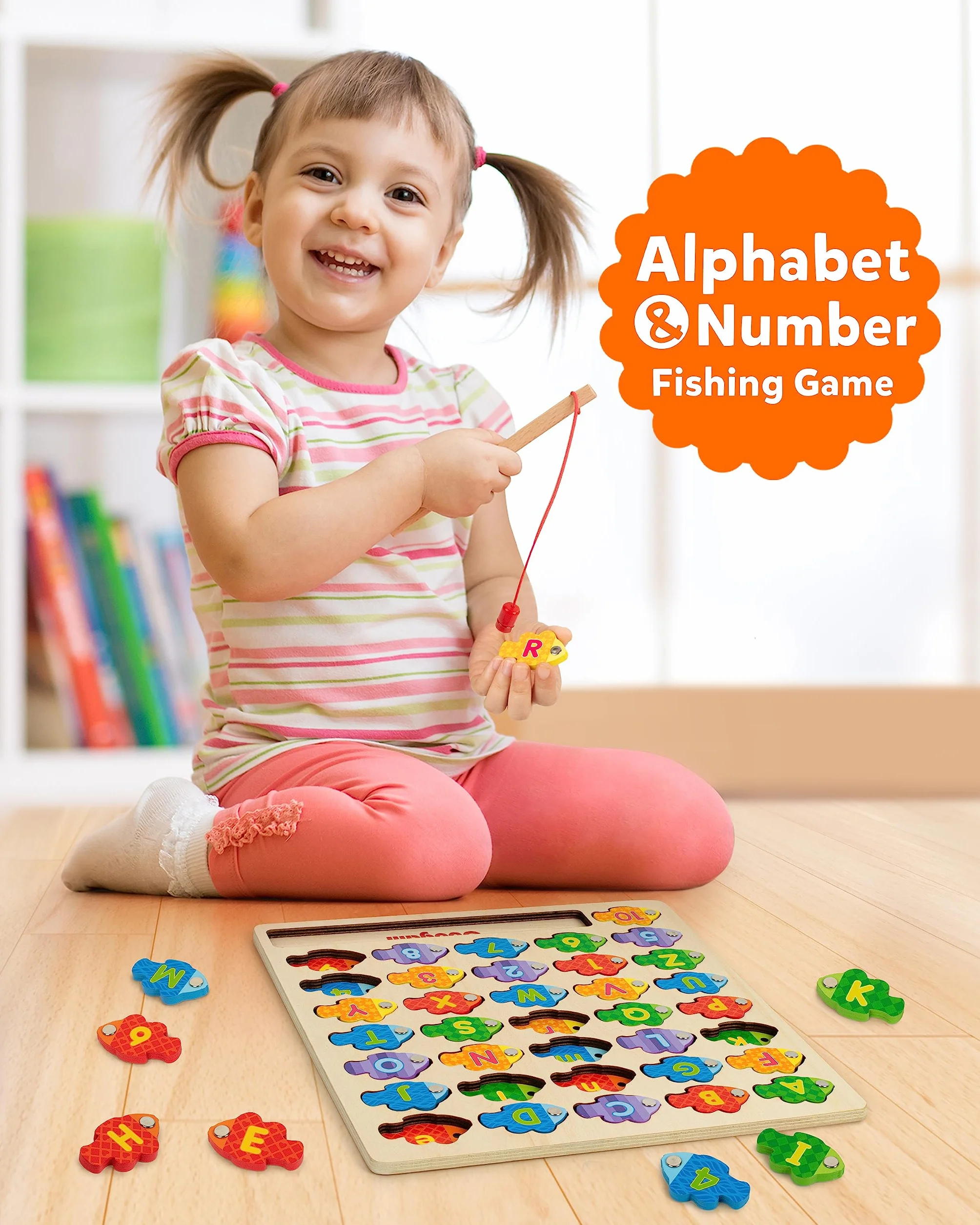 Coogam Magnetic Lettres Numériques Jeu de Pêche Livres en Bois ABC Montessori Jouets Éducatifs 3 4 5 Ans Enfants