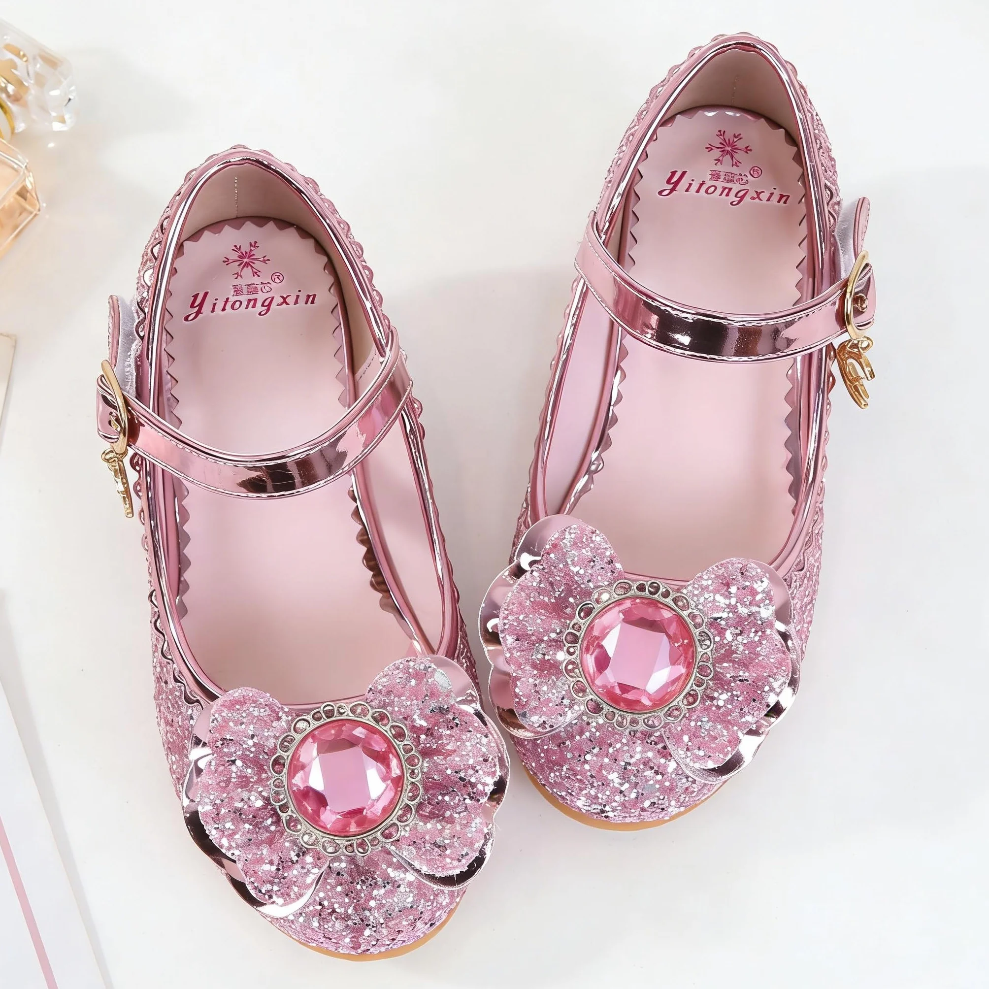 Chaussures Princesse Filles Paillettes Antidérapantes Talons Hauts Danse Fête Anniversaire Mariage 3-14 Ans Rose 24 EU