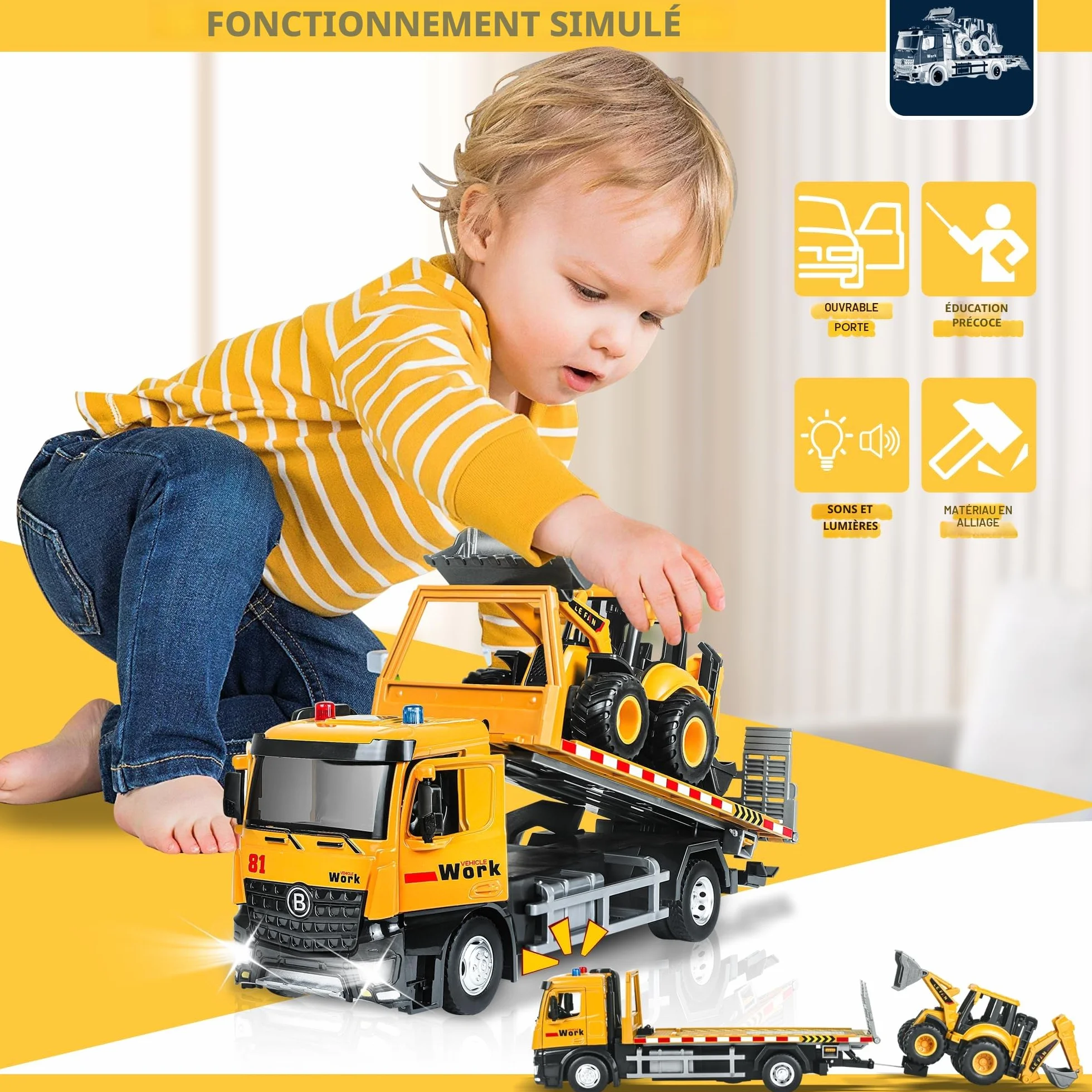 Jouet Dépanneuse à Cabine Métallique avec Lumières et Sons pour Garçons 3-7 Ans