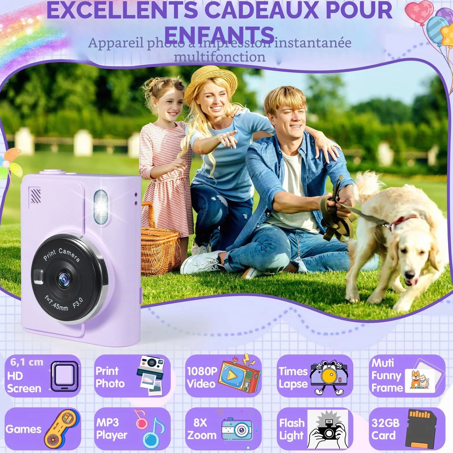 Appareil Photo Instantané Enfant 1080P 2,4" Écran avec Carte 32GB et Papier d'impression